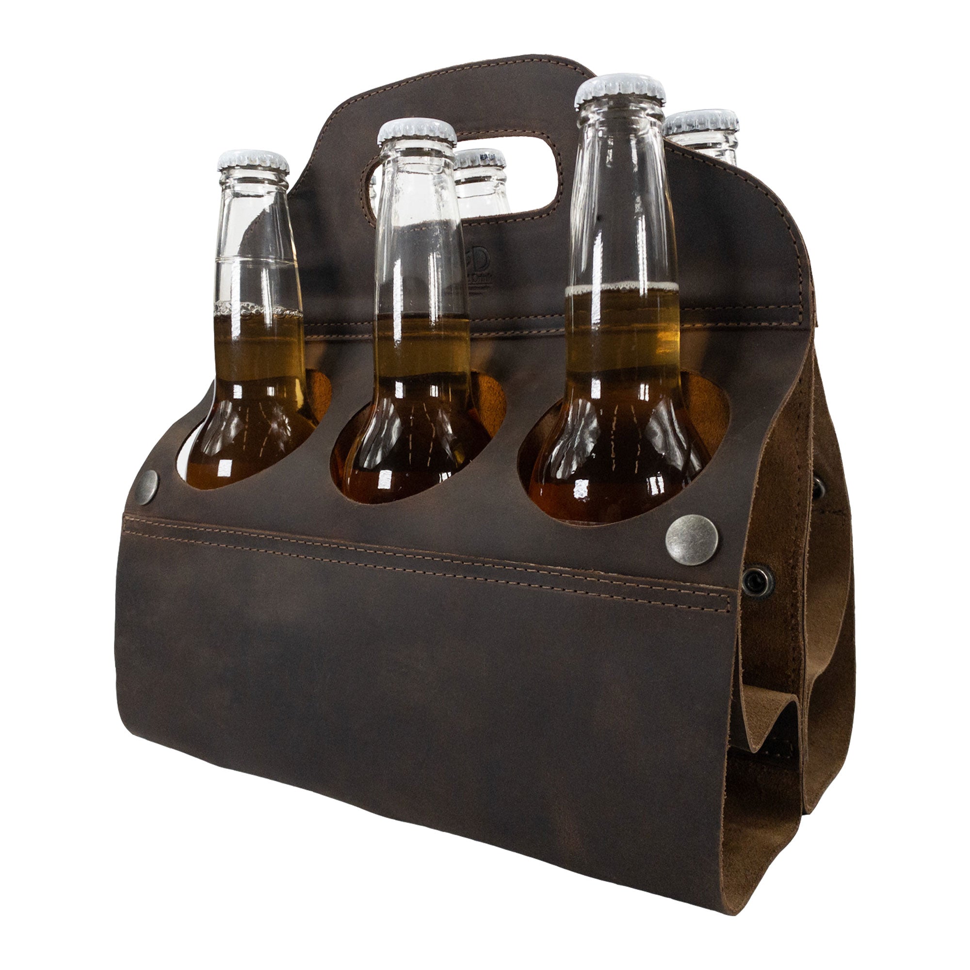 Hide & Drink's Six Bottle Caddy filled with beverages, demonstrating its functionality as a Beer Holster for Bike. Made from high-quality Full Grain Leather, this handmade item represents Small Batch Production, combining hand cut and hand sewn techniques to perfection.