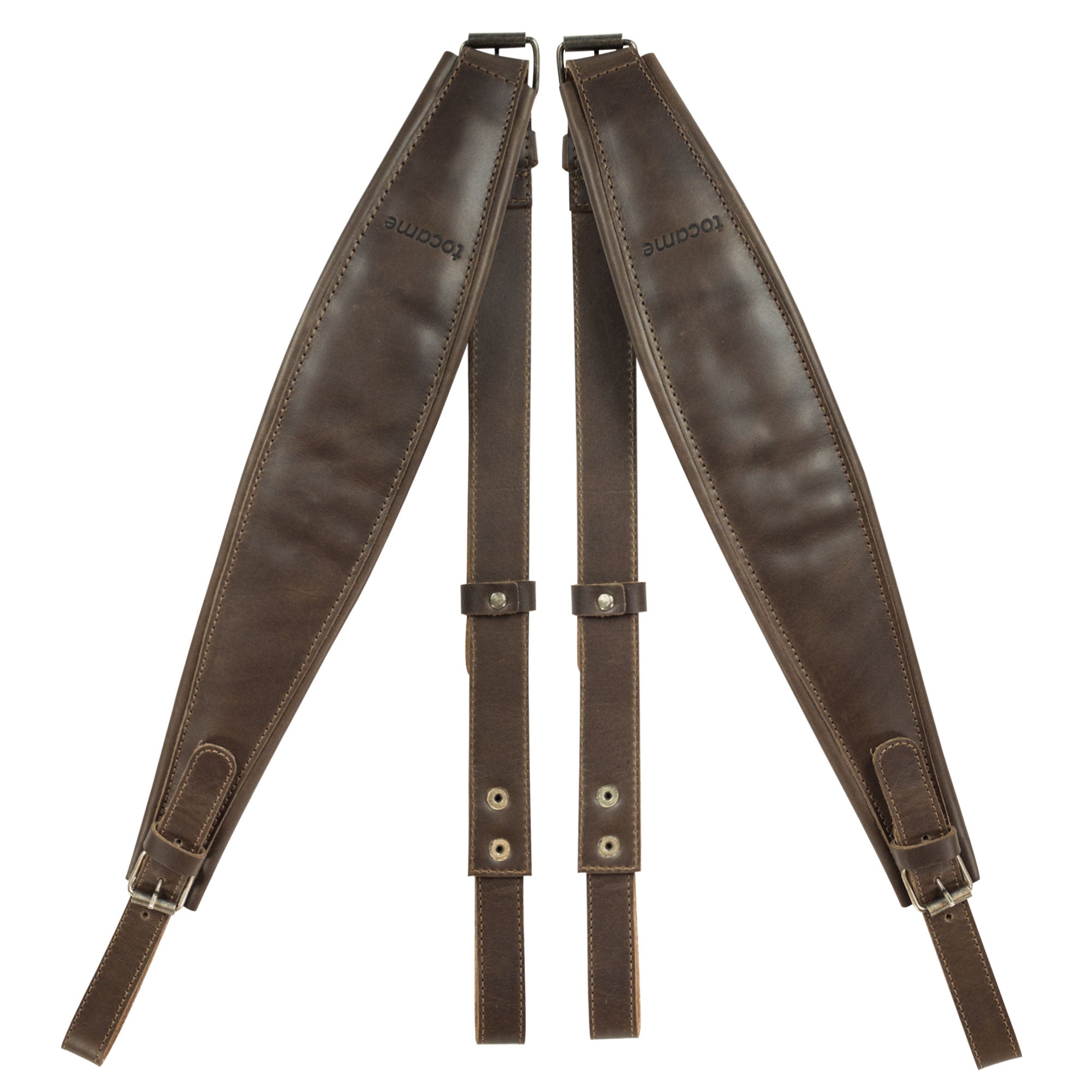 Close-up view of the Set of 2 Adjustable Padded Straps for Accordion by tocame, emphasizing the durable full grain leather and adjustable features for personalized fit. A great addition for any accordion player. StockyardX, Small Batch Production, Hand Cut, Hand Sewn, Fire Branded, Artisan, Handmade in La Antigua Guatemala & Oaxaca Mexico.