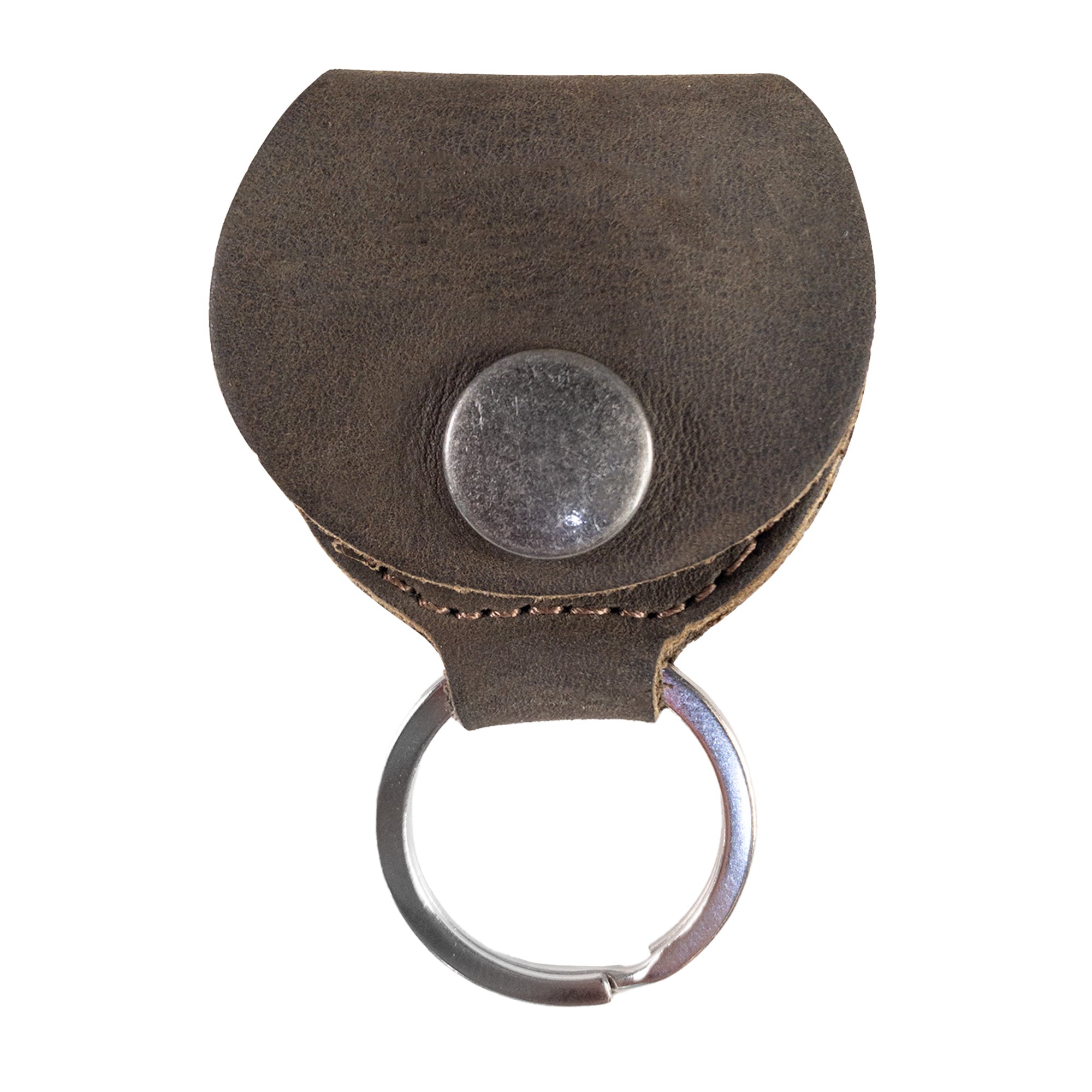 Front view of the Key Chain & Guitar Pick Holder by Hide & Drink, demonstrating a sleek design with a button closure. This Guitar Pick Holder with Ring is perfect for organizing keys and guitar picks for musicians. Made from durable Full Grain Leather, it highlights small batch production with Hand Cut and Hand Sewn details, featuring a fire branded emblem, handmade in La Antigua Guatemala & Oaxaca Mexico.