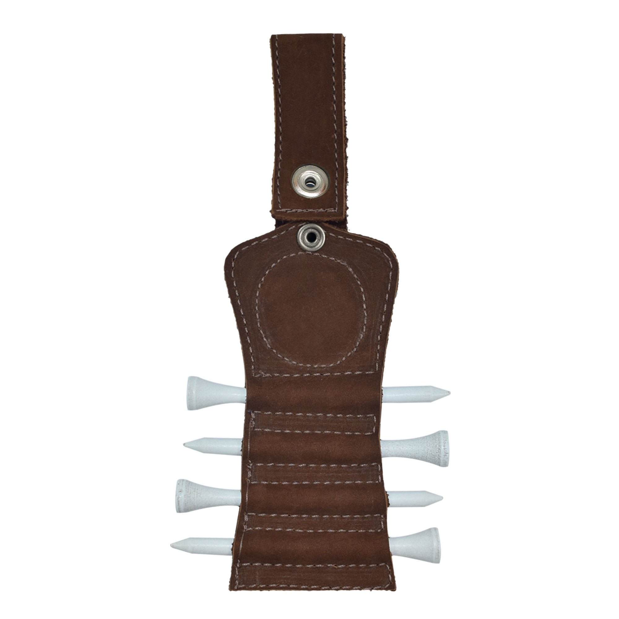 Interior view of the bourbon brown Hide & Drink Golf Tee Holder, showing the slots for tees. This practical accessory is ideal for quick access during a round of golf, crafted from full grain leather and handmade in La Antigua Guatemala.