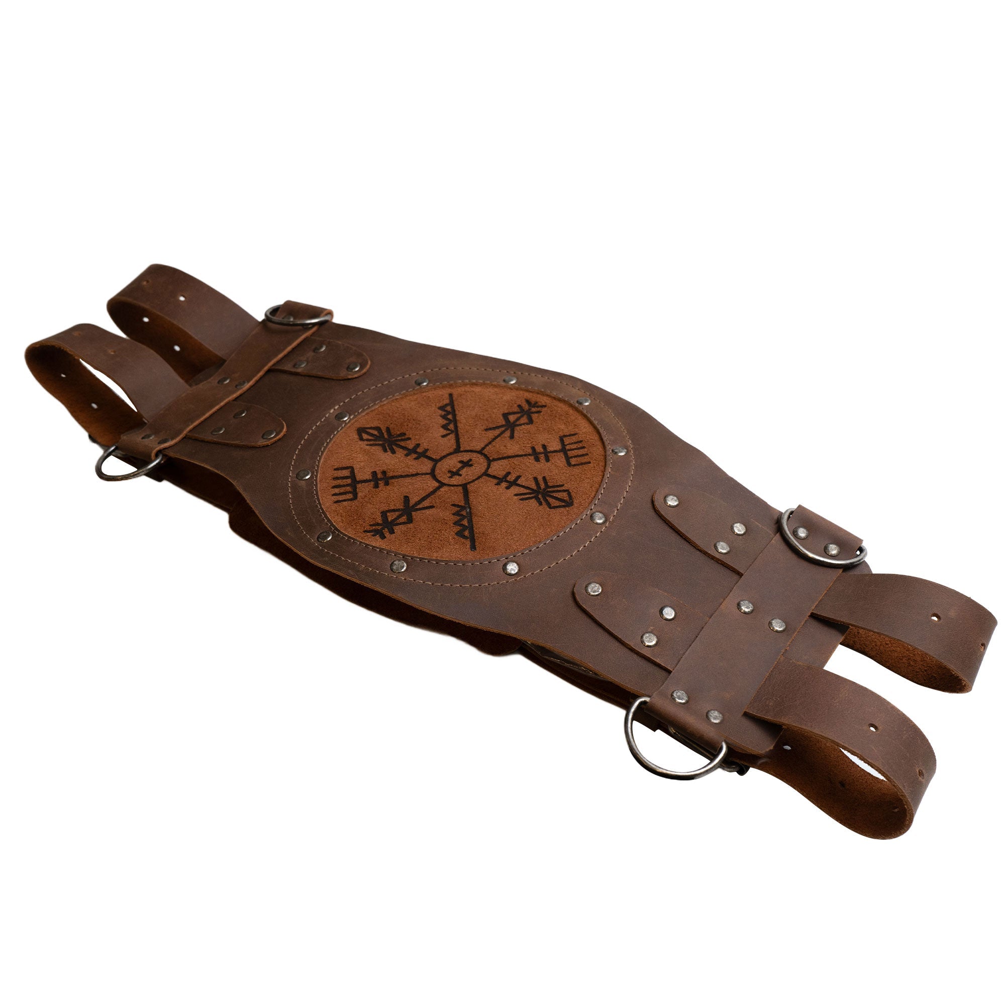 Viking Belt by Hide & Play displayed flat, highlighting its rustic design and adjustable straps. A perfect accessory for cosplay, this full grain leather belt is ideal for costume parties and LARPing, showcasing artisan quality from La Antigua Guatemala.