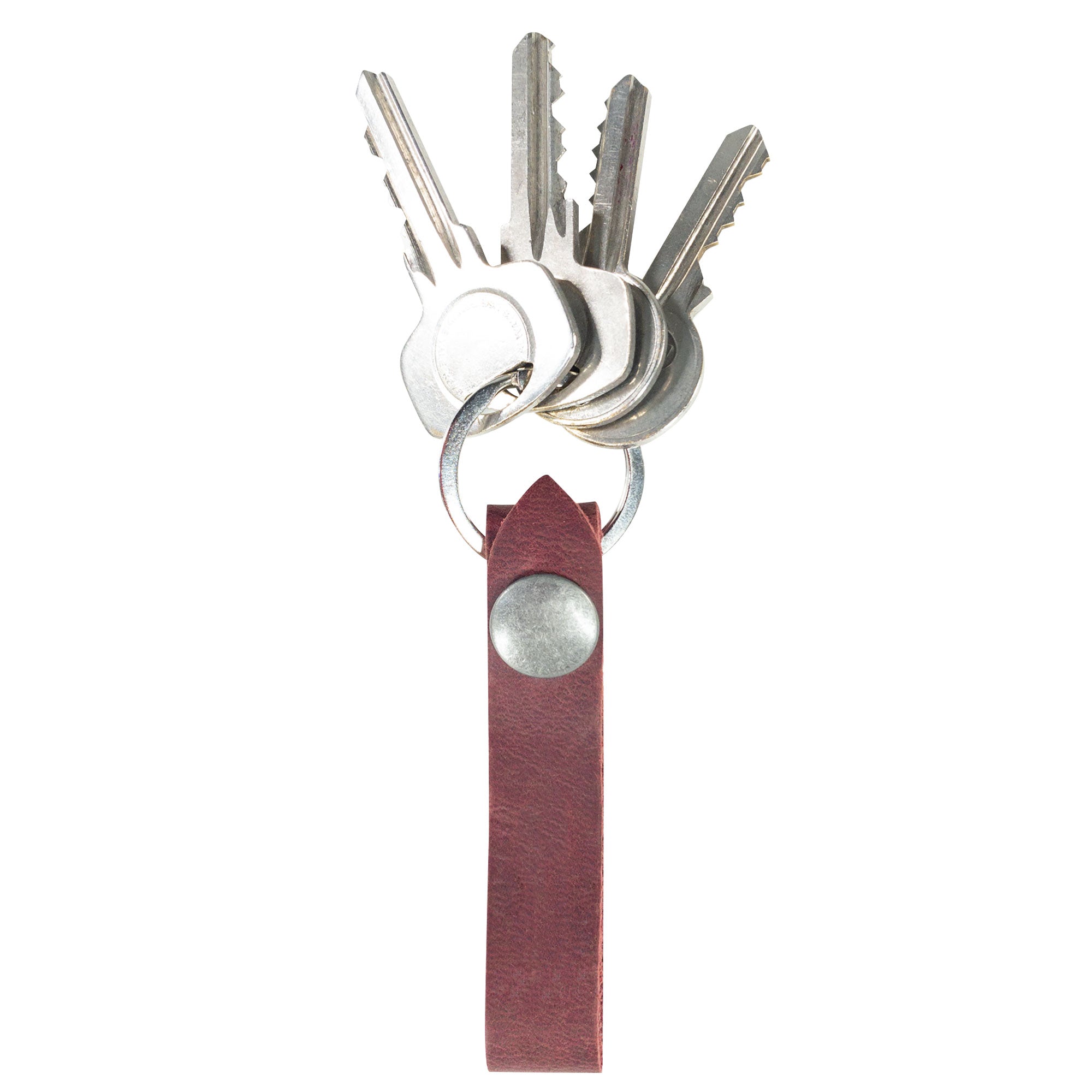 Hide & Drink Loop Keychain featuring a rich red design, perfect for organizing keys. This rustic keychain with belt loop is handmade from full grain leather, exemplifying artisan craftsmanship from La Antigua Guatemala & Oaxaca Mexico.
