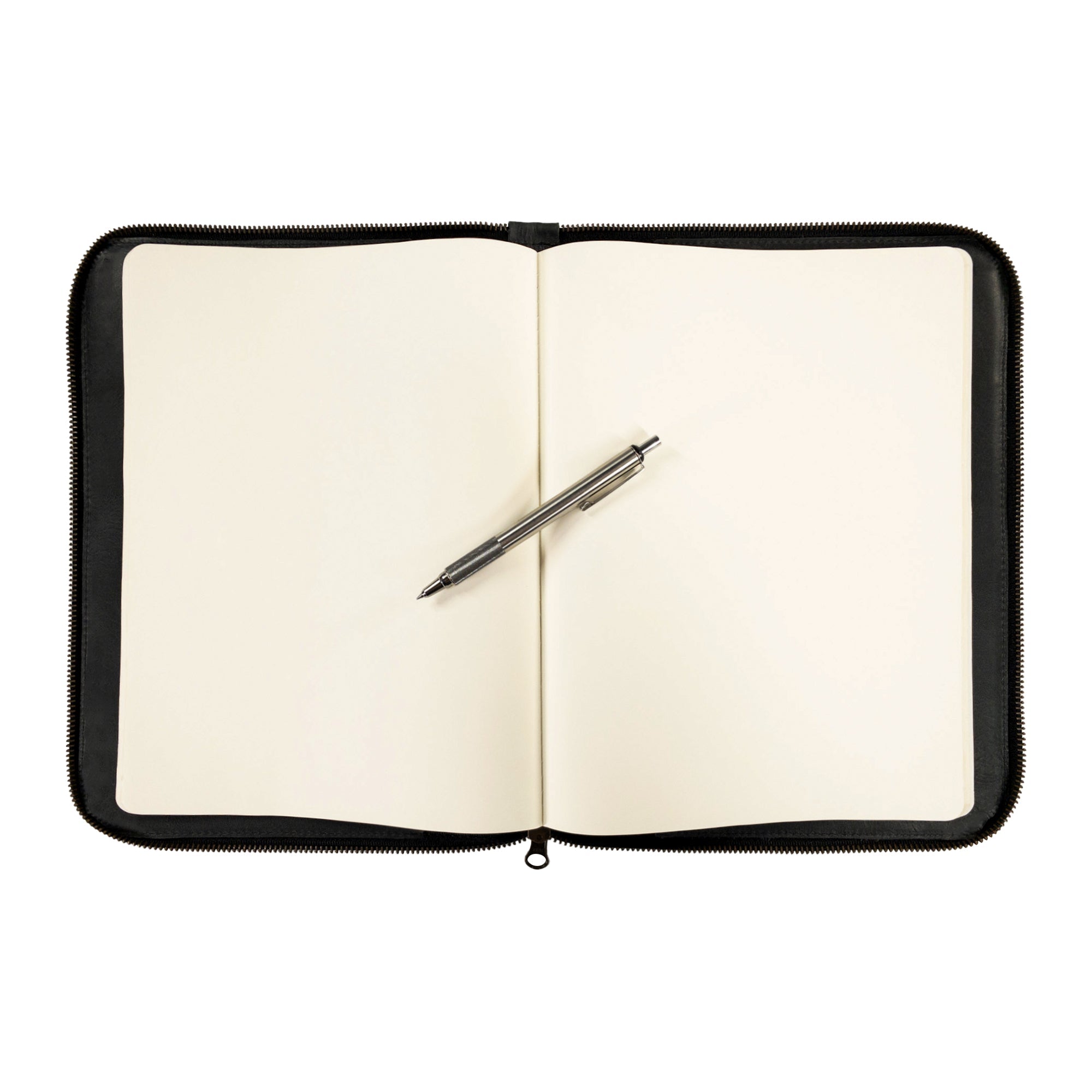Hide & Drink Zippered Journal Cover for Moleskine (Notebook NOT Included), presented open to reveal lined pages, handcrafted for user enjoyment.