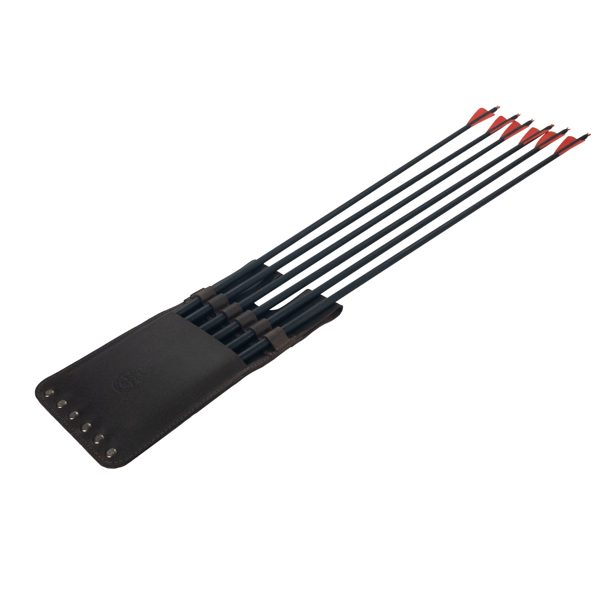 The 6 Arrow Back Quiver for Pocket by Valhalla Gear displaying five arrows, made from Full Grain Leather. This handmade accessory combines artisan craftsmanship with small batch production, showcasing the attention to detail in its hand cut and hand sewn design, perfect for the serious archer.