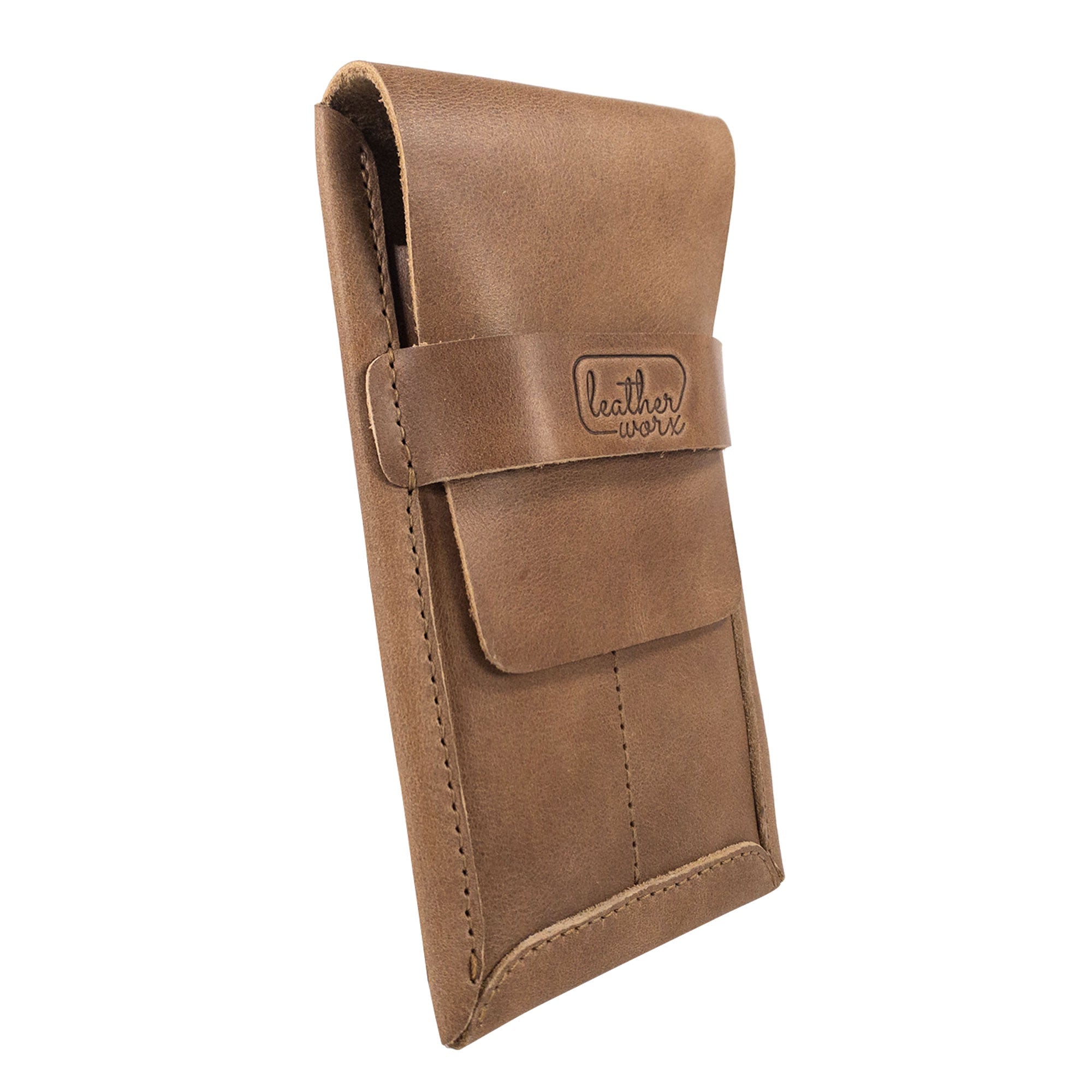 Side view of the Double Pen Case from Leather Worx, revealing the sleek design and practical closures. Made from Full Grain Leather, this handmade artisan case embodies small batch production techniques, showcasing hand sewn craftsmanship, proudly made in La Antigua Guatemala & Oaxaca Mexico.