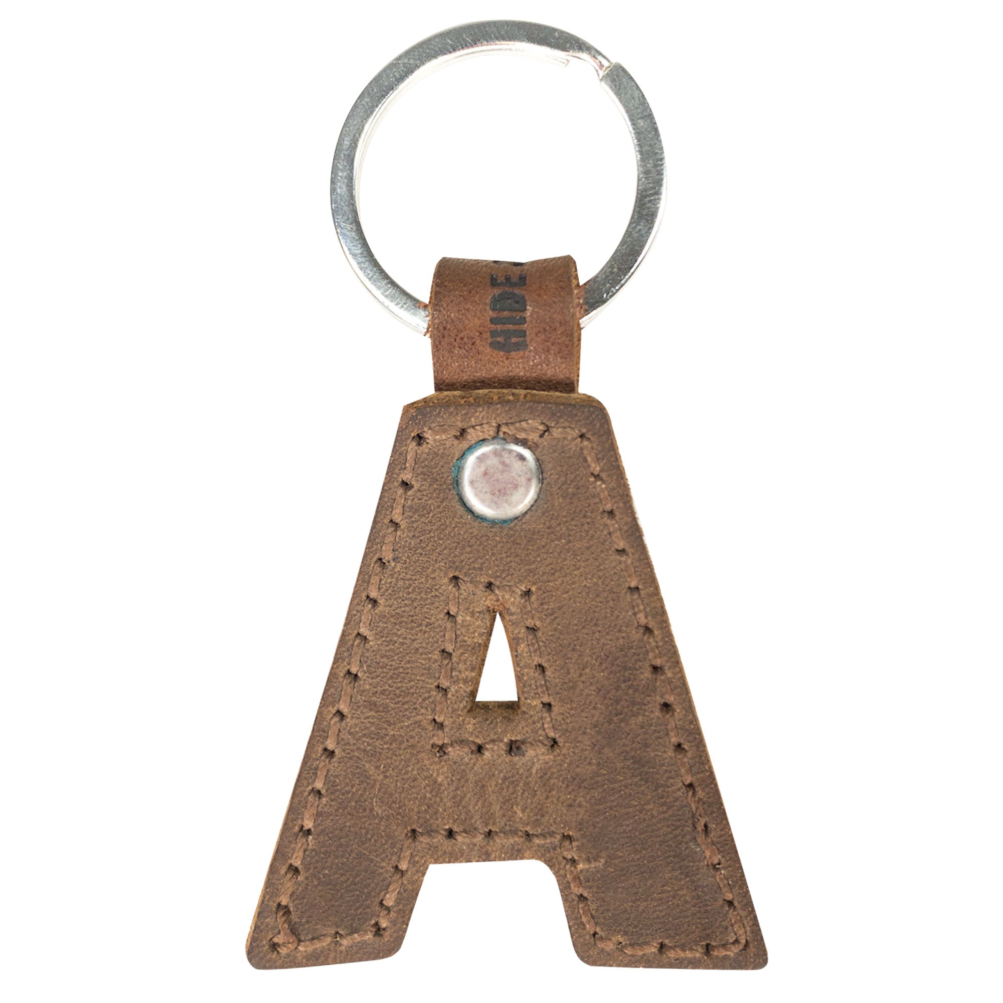 Stylish 'A' thick leather Alphabet Letter Keychain by Hide & Drink, featuring full grain leather, perfect for adding a personal touch to your keys. Ideal for gifts, crafted by artisans in La Antigua Guatemala.