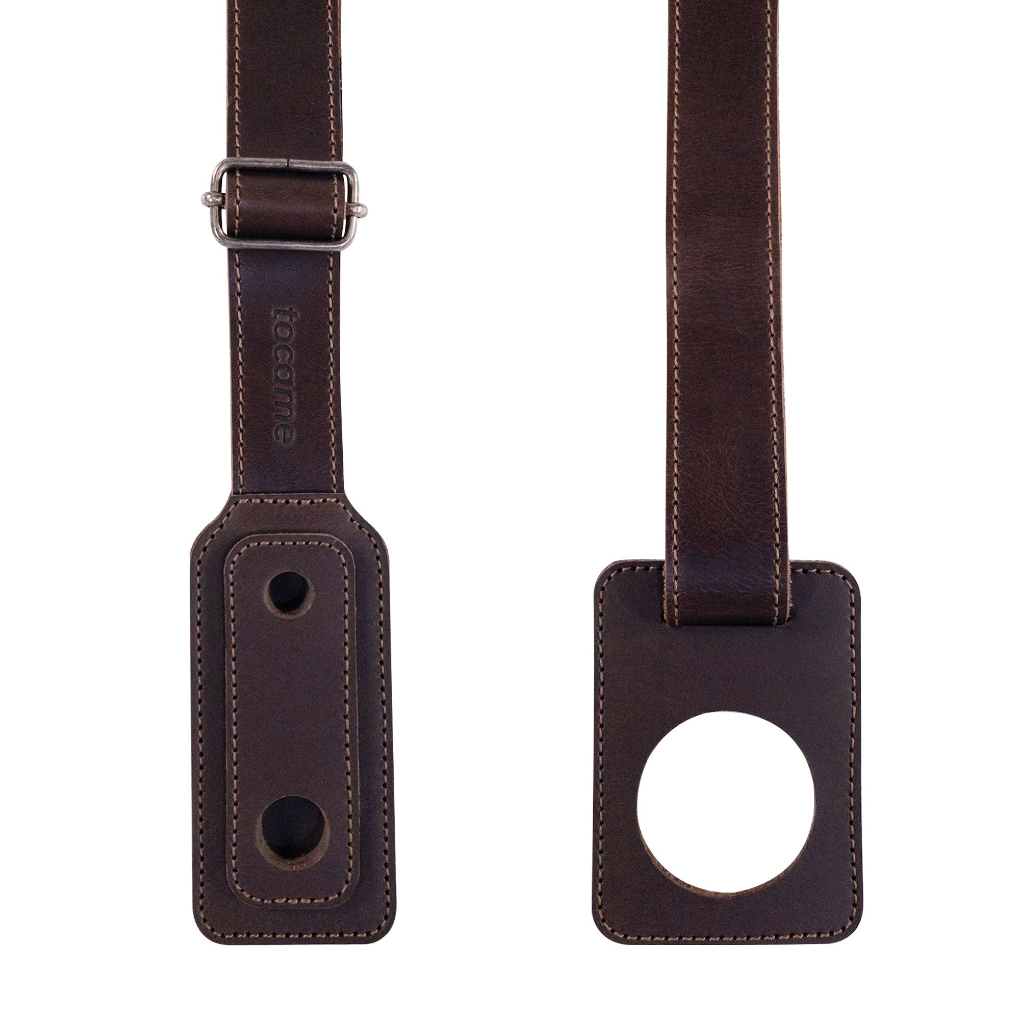 Detail view of the Cello Endpin Adjustable Strap Stopper by tocame, highlighting the adjustable strap feature for musicians. This classic non-slip stopper is made from full grain leather, reflecting small batch production and handmade quality from La Antigua Guatemala & Oaxaca Mexico.