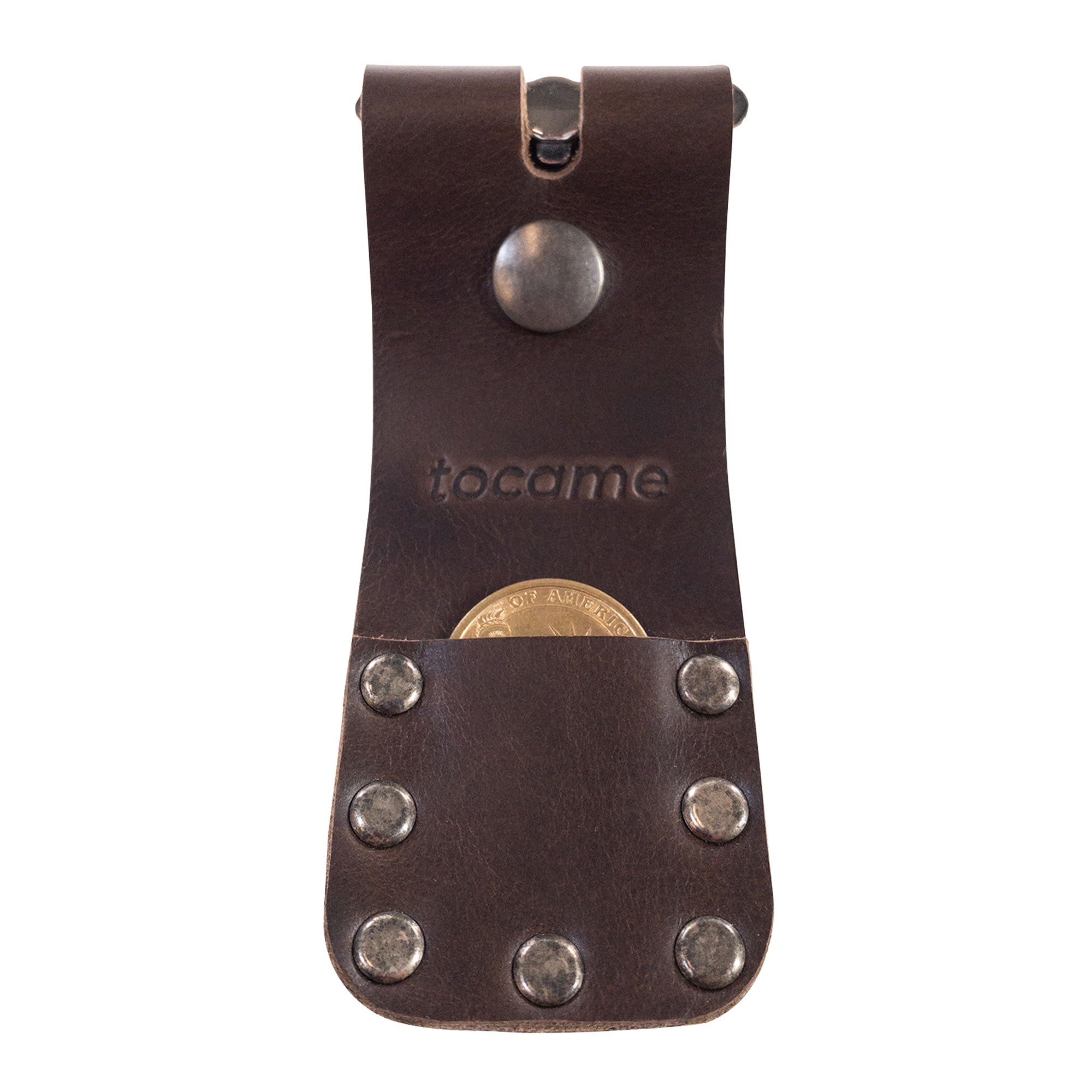 Set of 2 Flip Sleeves for Mute Drum Key Tool, Tuner & Dampener (Drum Key and Coin Not Included) by tocame, featuring a practical coin pocket and decorative metal rivets. This functional leather accessory is handcrafted, showcasing artisan skills honed in La Antigua Guatemala.