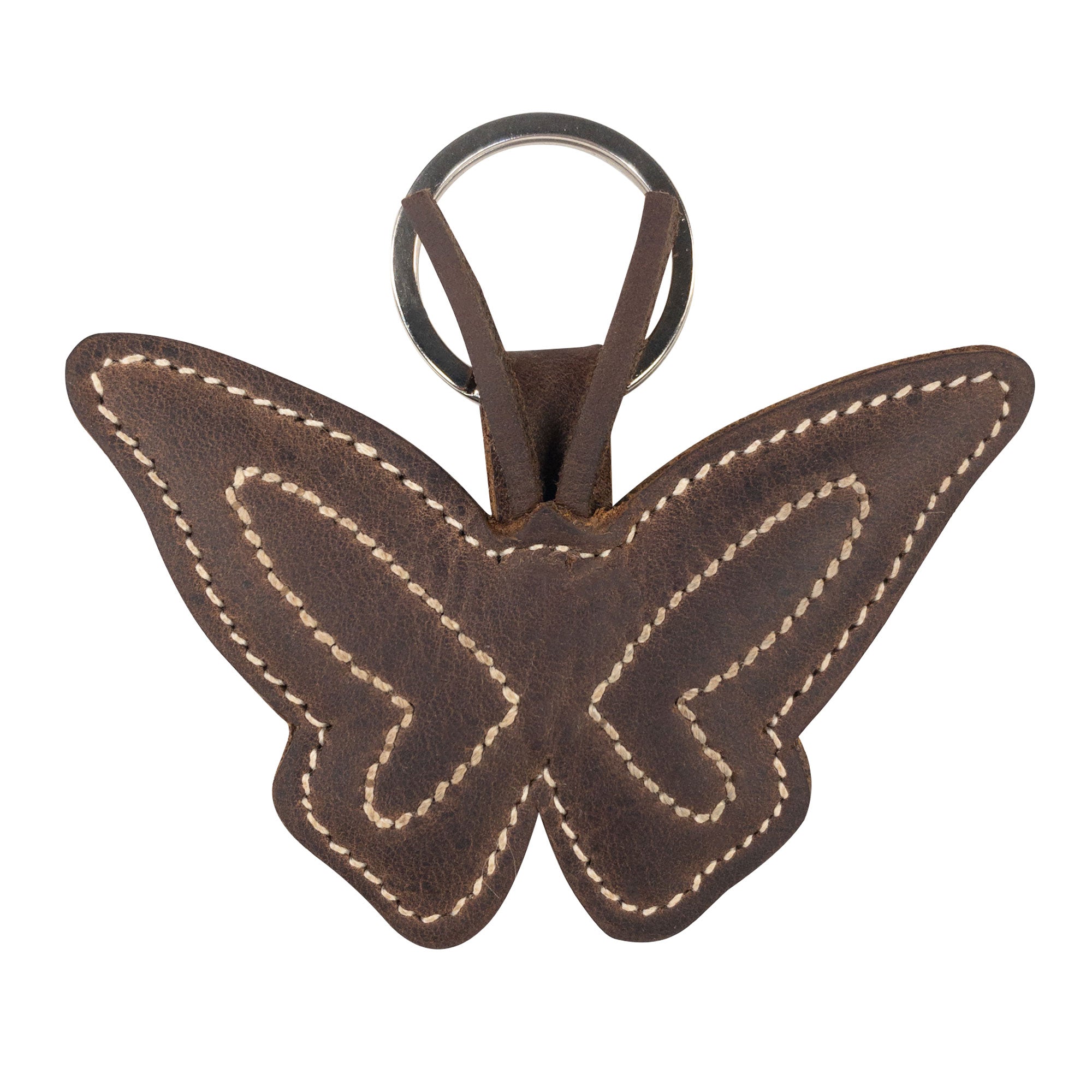 Butterfly Keychain by Hide & Drink, showcasing a stylish full grain leather piece with fine stitching. Perfect as a key ring for avid nature lovers, this item reflects quality artisan work from La Antigua Guatemala & Oaxaca Mexico.