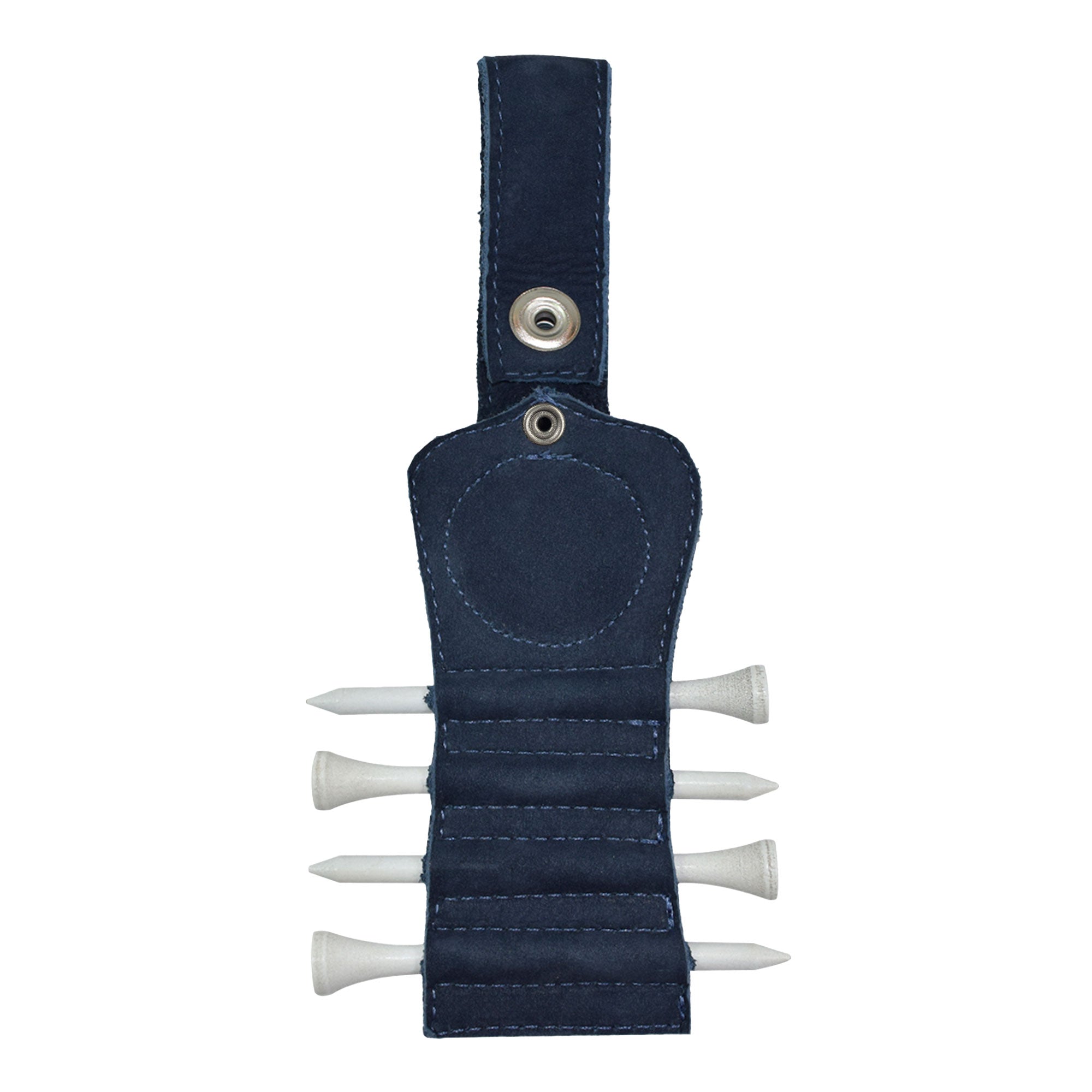 Interior view of the blue leather Hide & Drink Golf Tee Holder, showing the slots for tees. Perfect for quick access while playing golf, this accessory is handcrafted in La Antigua Guatemala for golfers who value craftsmanship.