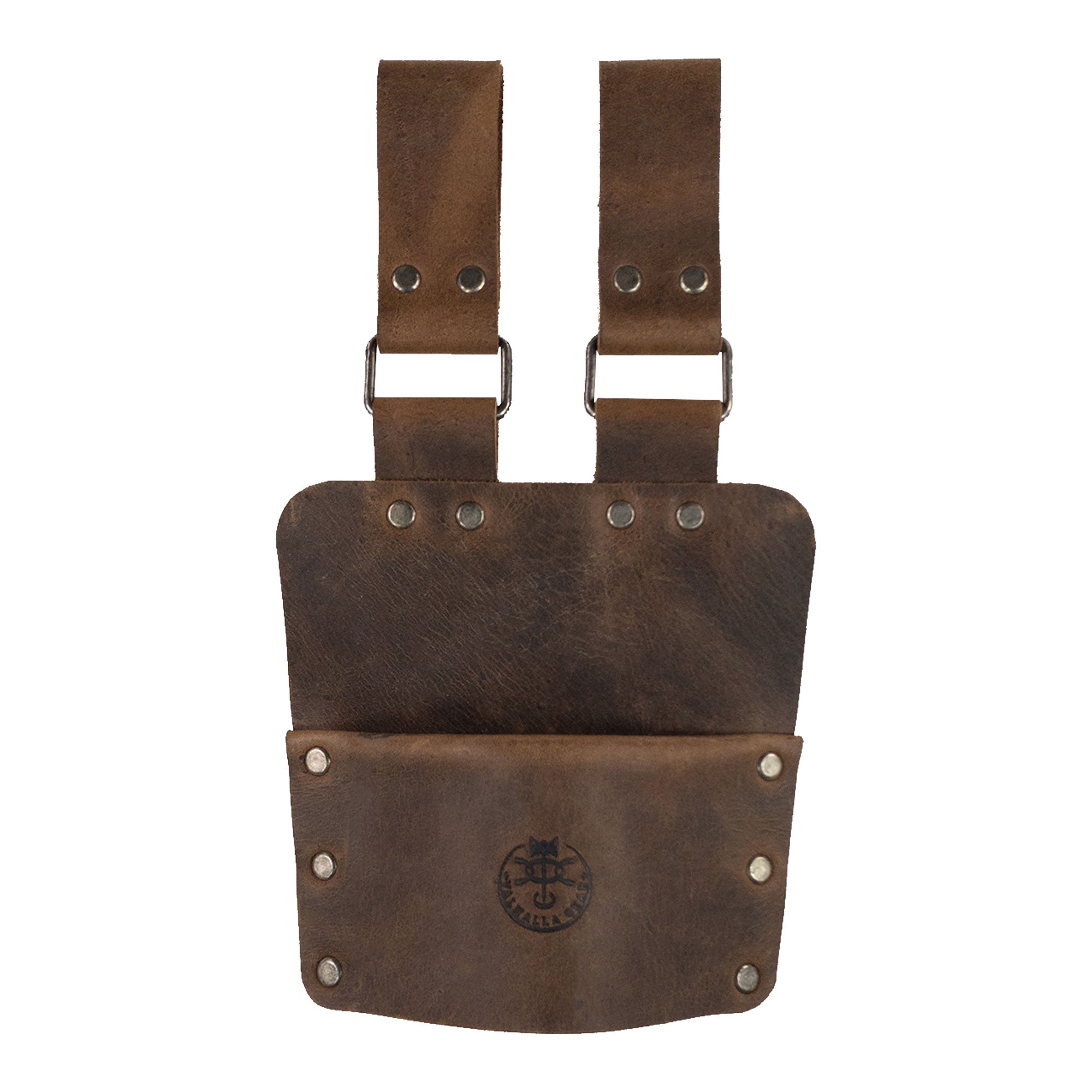 Front view of the Axe Holster, Durable Carrier for Lumberjack by Valhalla Gear, highlighting its double belt loop design. Made from full grain leather, this accessory for tools provides a convenient and safe solution for carrying axes, embodying handmade artisan quality from La Antigua Guatemala.