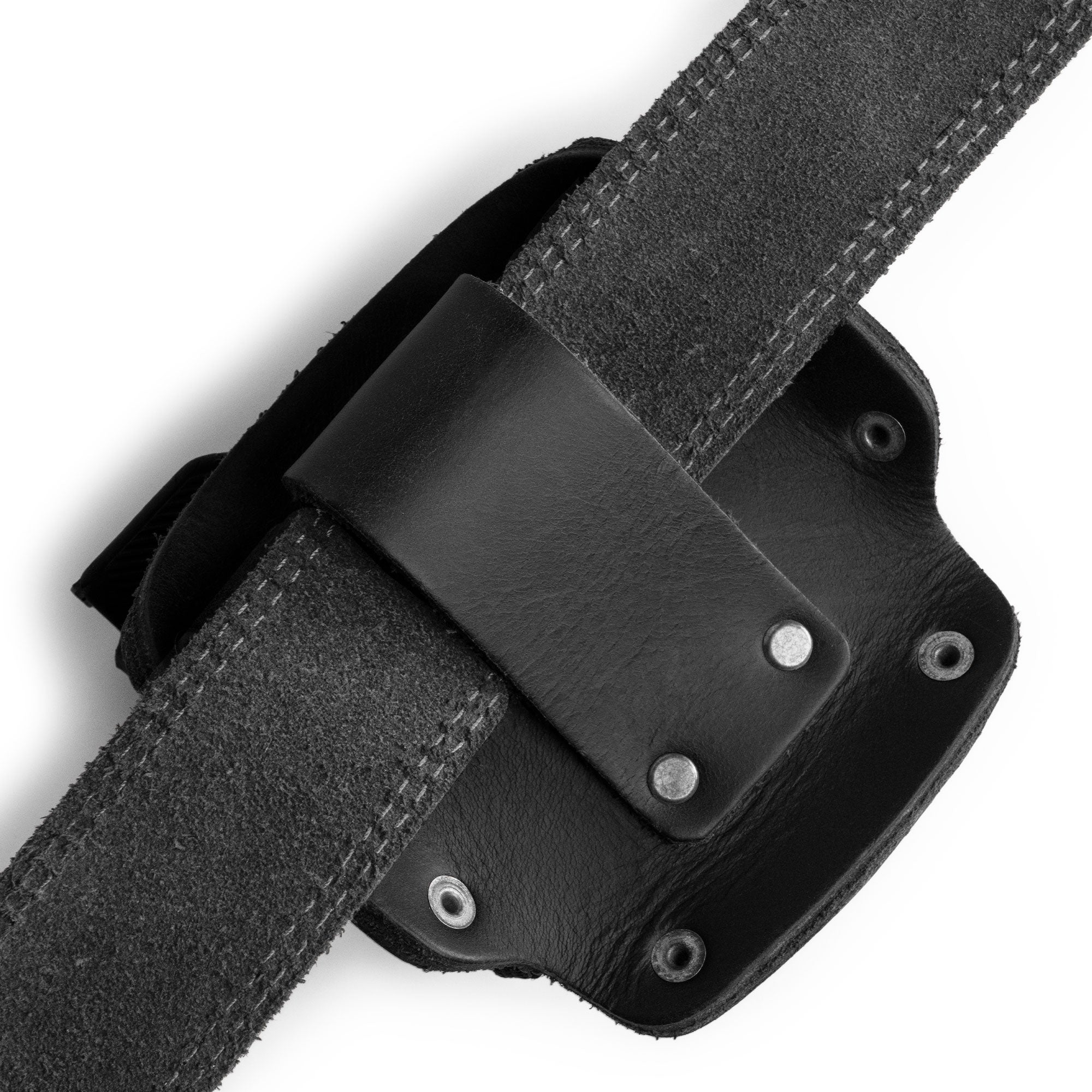 Stylish Large Tape Holster from Hide & Drink in red leather, designed for durability and easy access. A practical tool holster for all tradespeople.