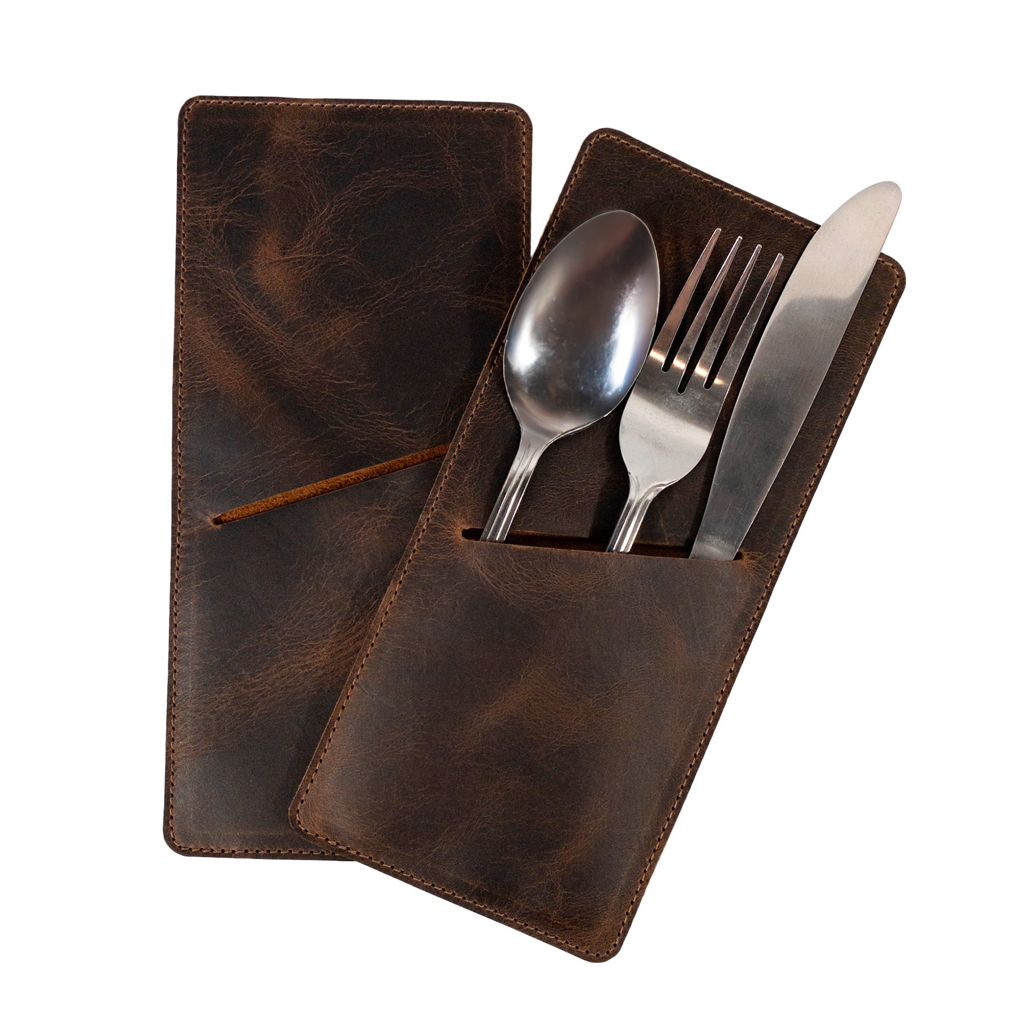 Close-up of the exquisite Set of 2 Rectangular Sleeves for Cutlery by Cast Leather Co., showcasing full grain leather and precision stitching. These silverware holders are perfect for keeping your flatware organized, representing artisanal, handmade craftsmanship in every detail made in La Antigua Guatemala & Oaxaca Mexico.