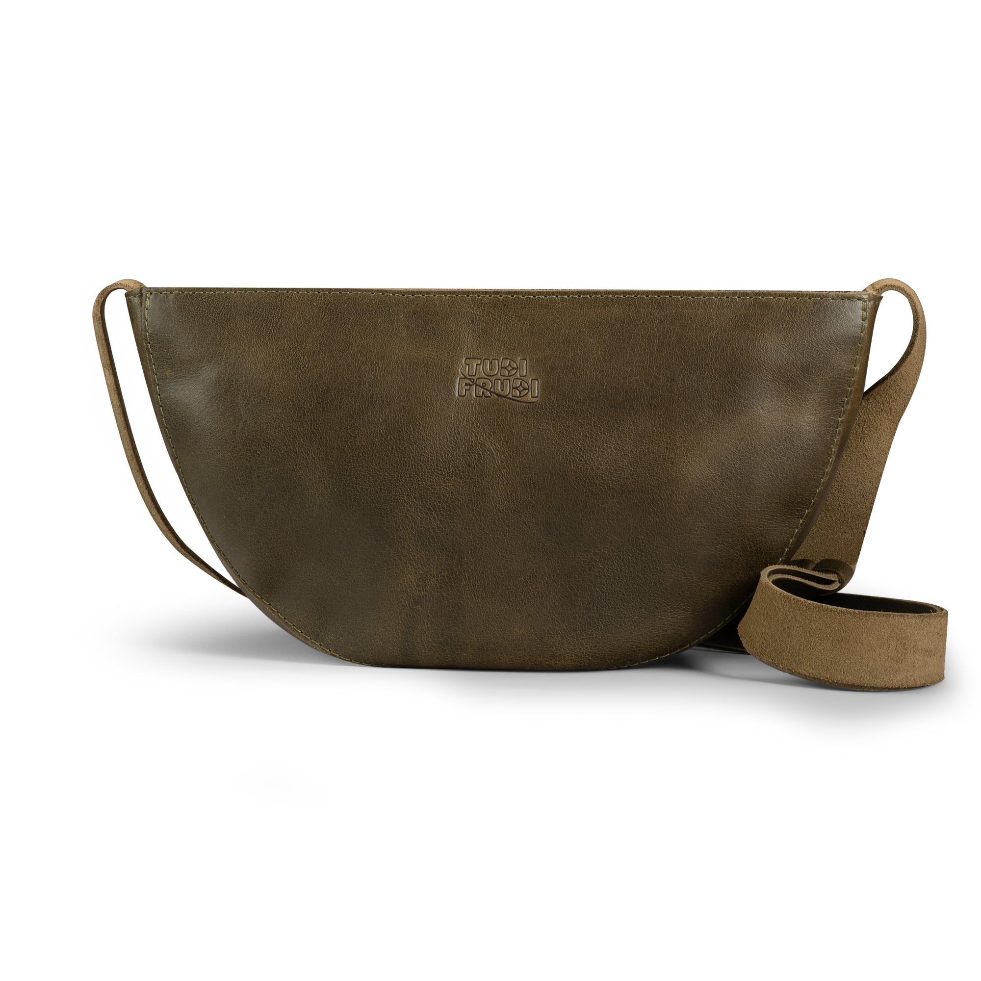Inside view of the Watermelon-Shaped Shoulder Bag by Tudi Frudi, highlighting the expertly crafted compartments. This functional Crossbody Bag doubles as a Messenger Bag, made from Full Grain Leather, illustrating artisan skills through small batch production, hand cut, hand sewn, and fire branded methods. Handmade in La Antigua Guatemala & Oaxaca Mexico.