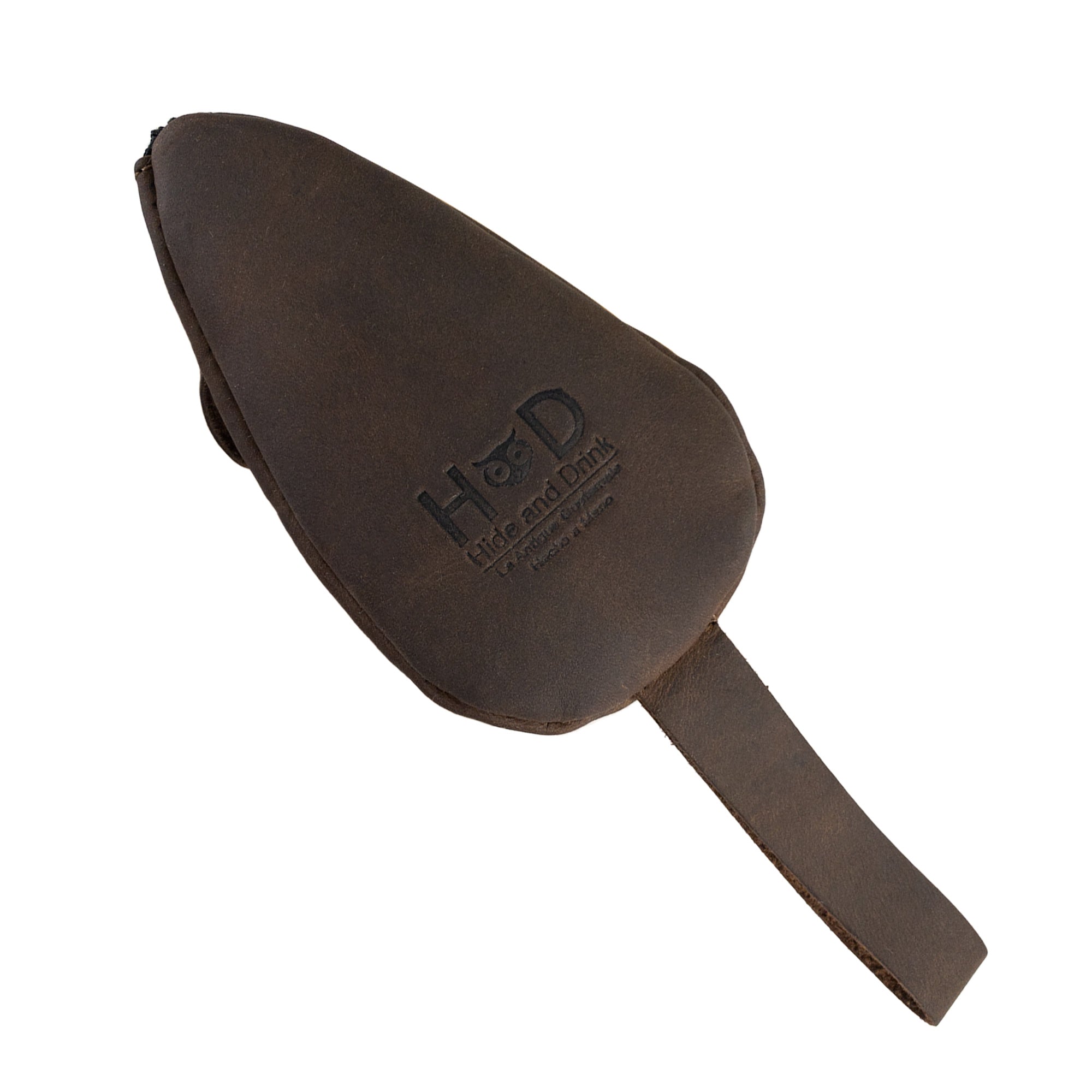 The underside of the Mouse Coin Pouch by Hide & Drink features the fire branded logo, showcasing the dedication to quality. This charming and practical mouse-shaped change pouch, made from durable full grain leather, is handcrafted in La Antigua Guatemala and Oaxaca, Mexico, epitomizing handmade artisan goods and small batch production.