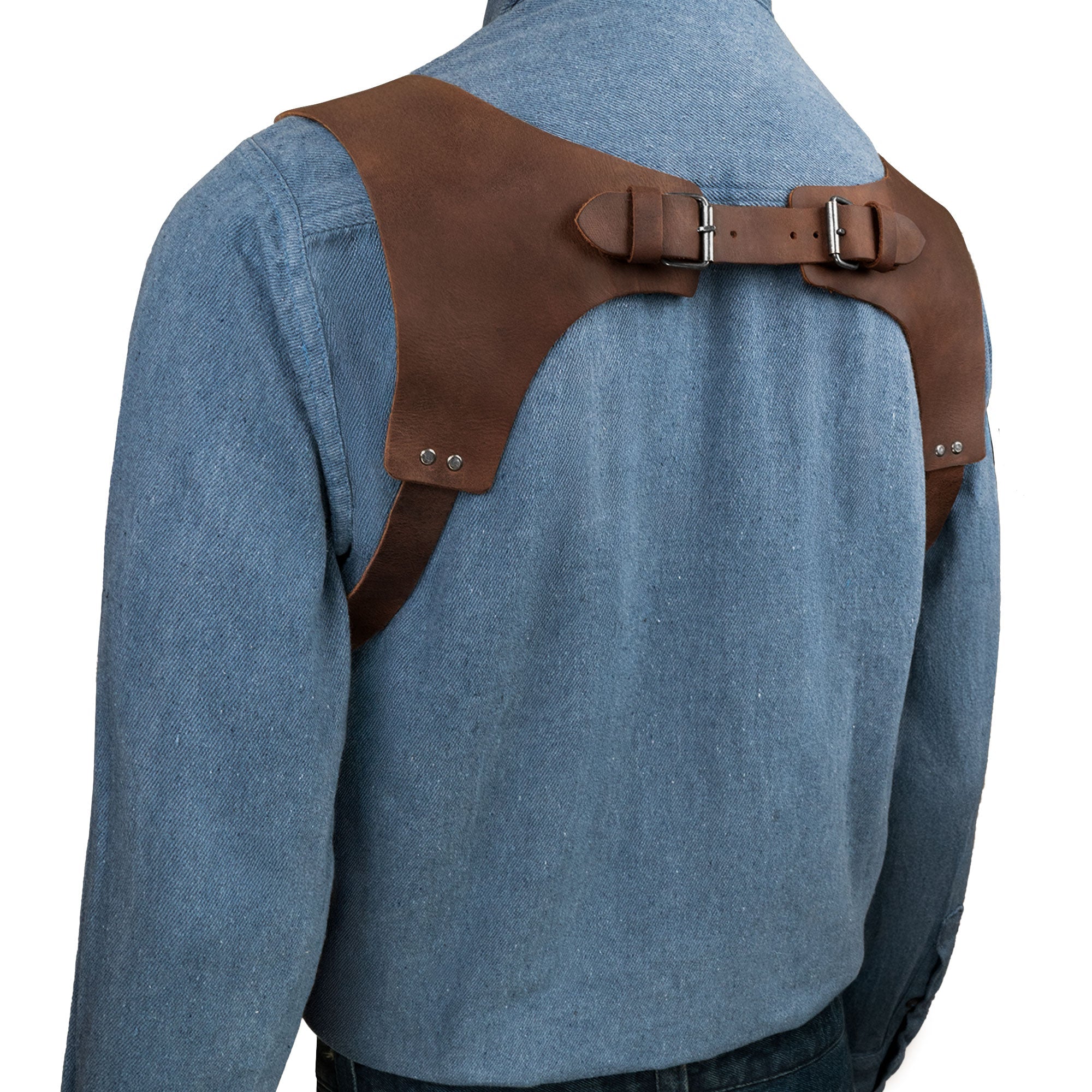 Back view of Renaissance Suspenders by Hide & Drink, showcasing the intricate leatherwork. This back support harness for men is perfect for groomsmen, combining style and function with small batch production, hand cut, and hand sewn craftsmanship.