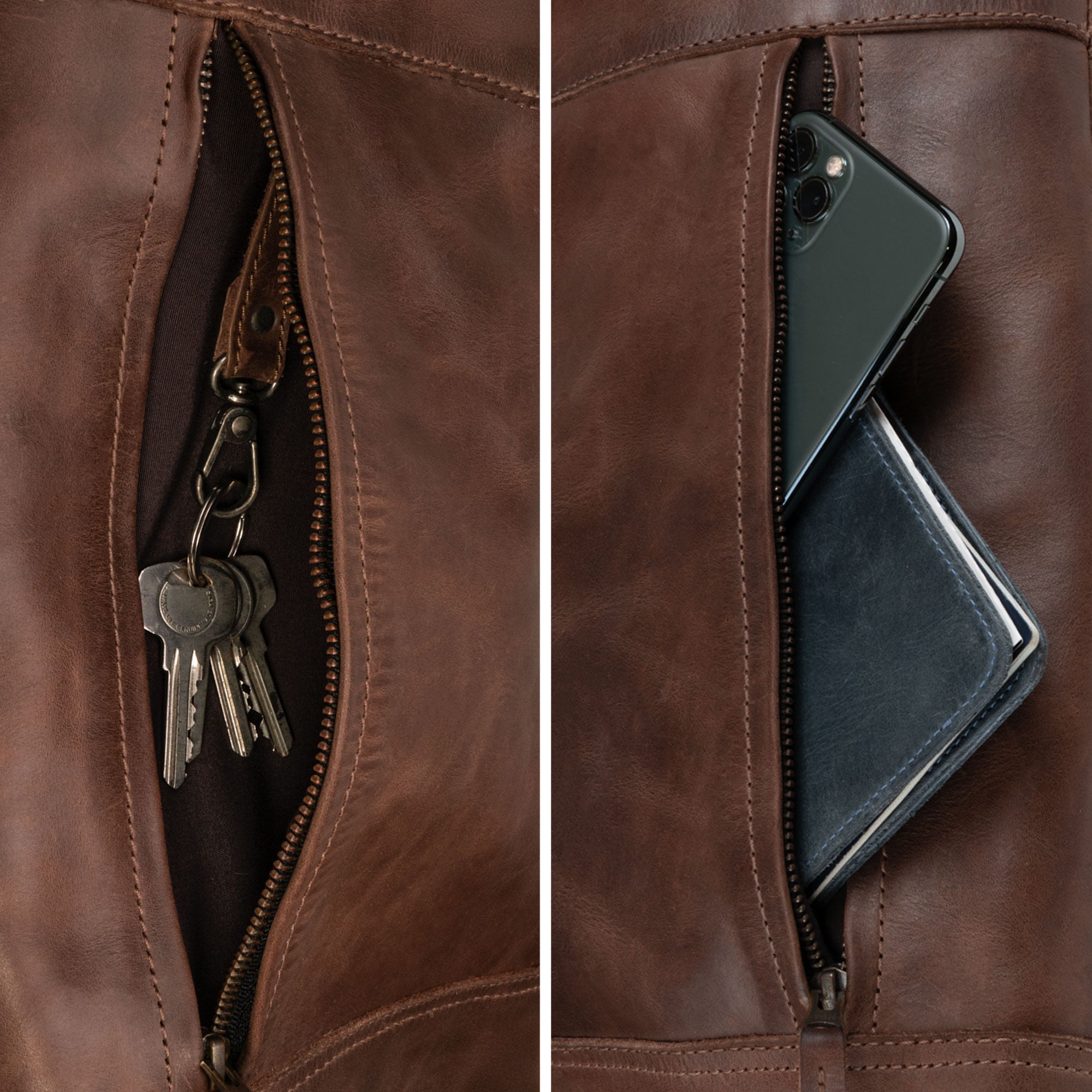 Zipper pockets on the Roll Top Backpack by Hide & Drink, designed for quick access to small valuables like phones and keys, features showing the full grain leather construction and artisan, handmade details.