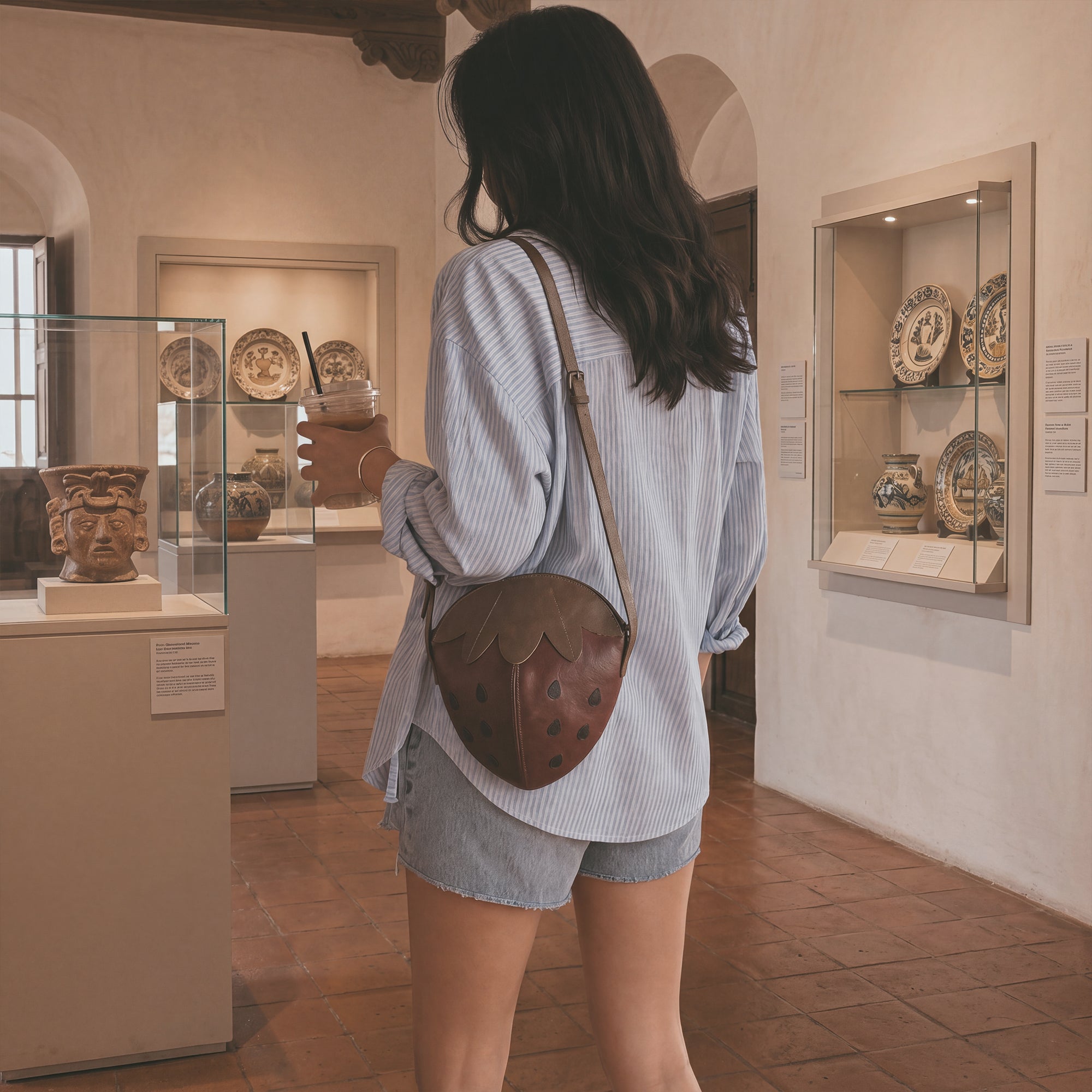 A model carrying the Leather Strawberry-Shaped Shoulder Bag by Tudi Frudi, demonstrating its stylish versatility. Made from Full Grain Leather, this crossbody bag is a must-have accessory, reflecting the quality of artisan craftsmanship from La Antigua Guatemala & Oaxaca Mexico, ensuring unique small batch production.