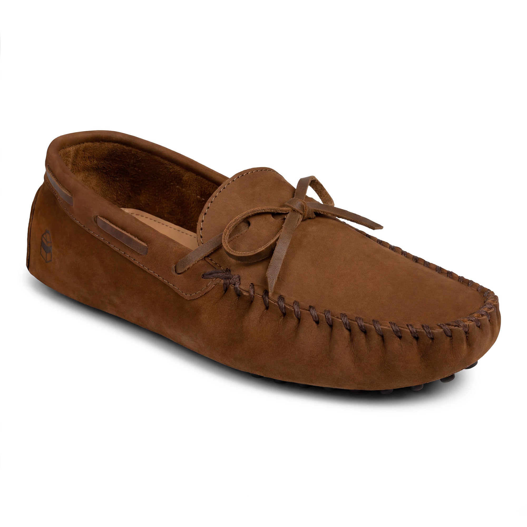 Side perspective of The Roadster Leather Driving Moccasins featuring rich brown Full Grain Leather, designed by La Leche with hand cut and hand sewn craftsmanship. These artisan shoes are proudly handmade in La Antigua Guatemala & Oaxaca Mexico.