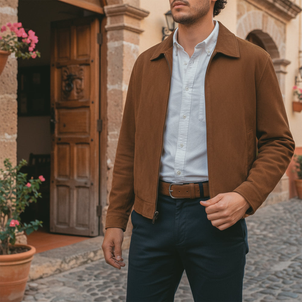 A man wearing La Leche's Classic Leather Belt with Glove Liner, featuring full grain leather. This handmade men's waist belt enhances any outfit with artisan craftsmanship, small batch production, and is hand cut and hand sewn in La Antigua Guatemala & Oaxaca Mexico.