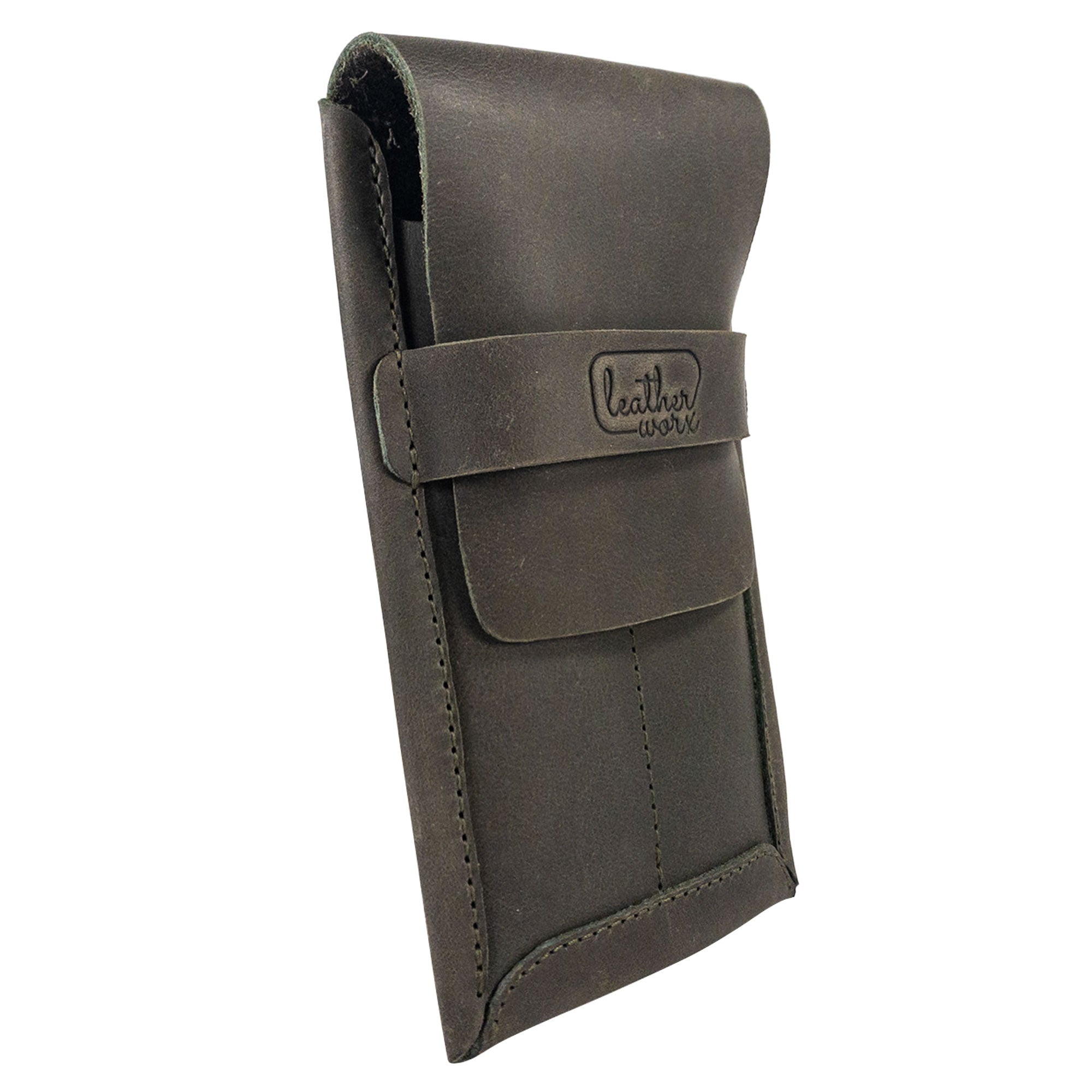 Side angle of the Leather Worx Double Pen Case, illustrating its sleek design made from Full Grain Leather. Featuring hand cut and hand sewn construction, this artisan piece is a testament to the quality and craftsmanship of small batch production in La Antigua Guatemala.