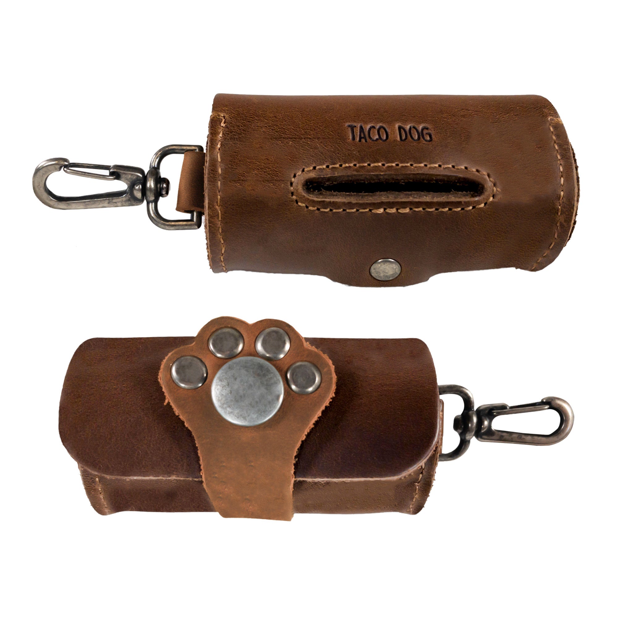 Detailed view of the Taco Dog Paw Poop Bag Pouch with an emphasis on its durable full grain leather and functional design. This convenient carrier clips easily onto leashes and is perfect for quick cleanups during walks, showcasing the quality of handmade products from La Antigua Guatemala.