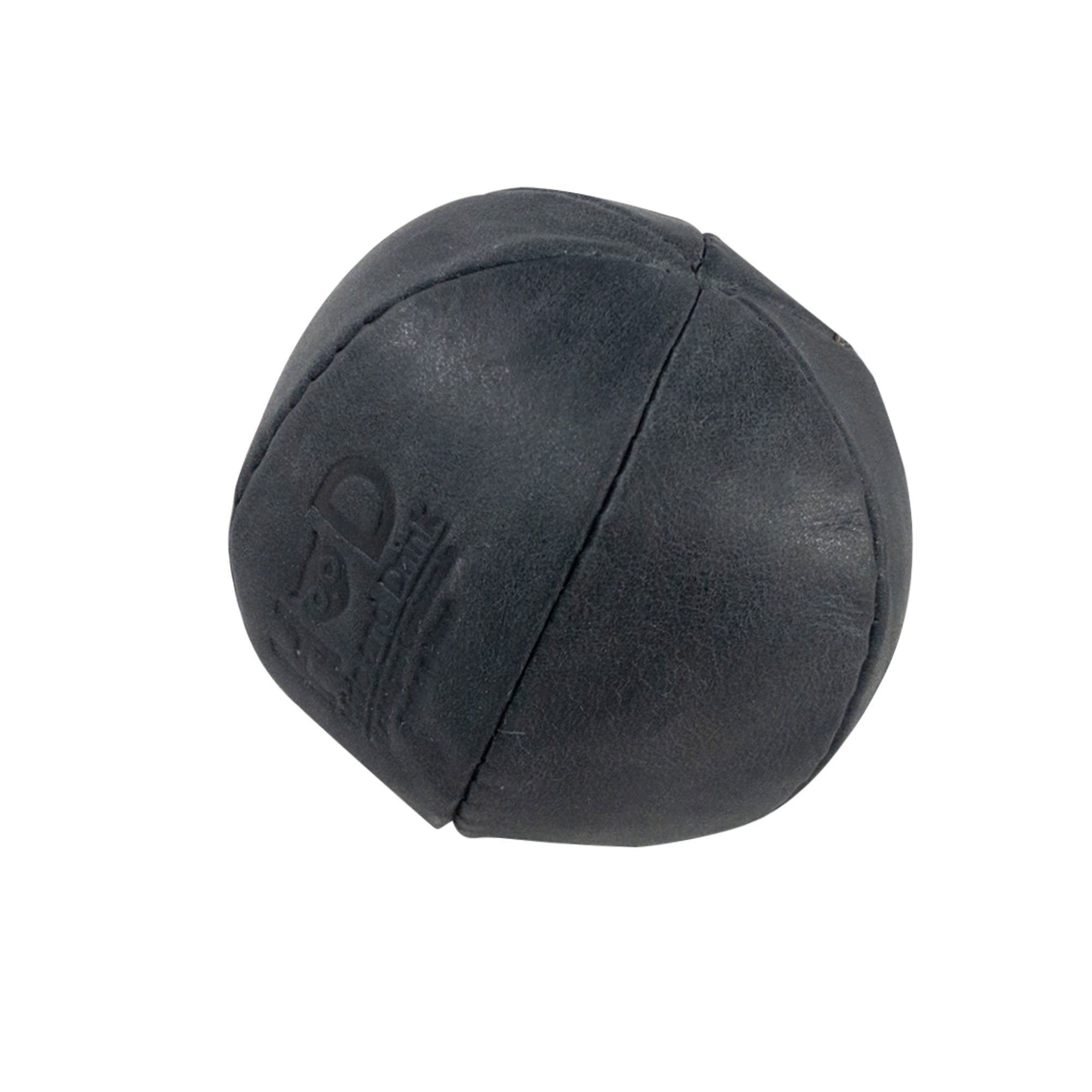 Hide & Drink black Stress Ball highlighting its hand-stitched details, ideal for relieving fidgeting and anxiety while exercising the hand. This squishy tension accessory embodies classic style, handmade in La Antigua Guatemala.