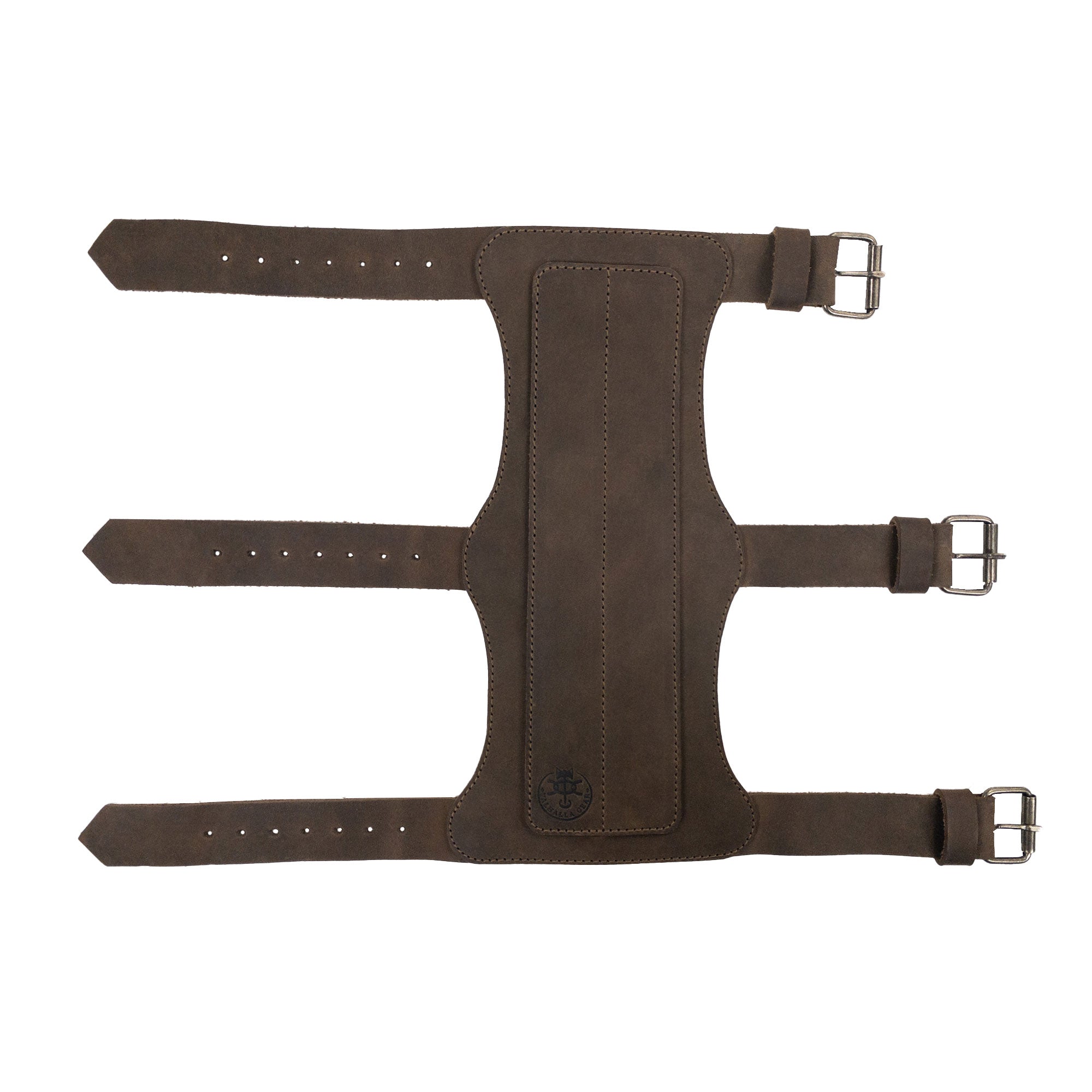 The back side of the 3-Buckle Archery Bracer from Valhalla Gear, displaying its full grain leather construction and three adjustable straps. An essential armband for bow shooting practice that combines functionality with handcrafted quality, proudly made in Guatemala.