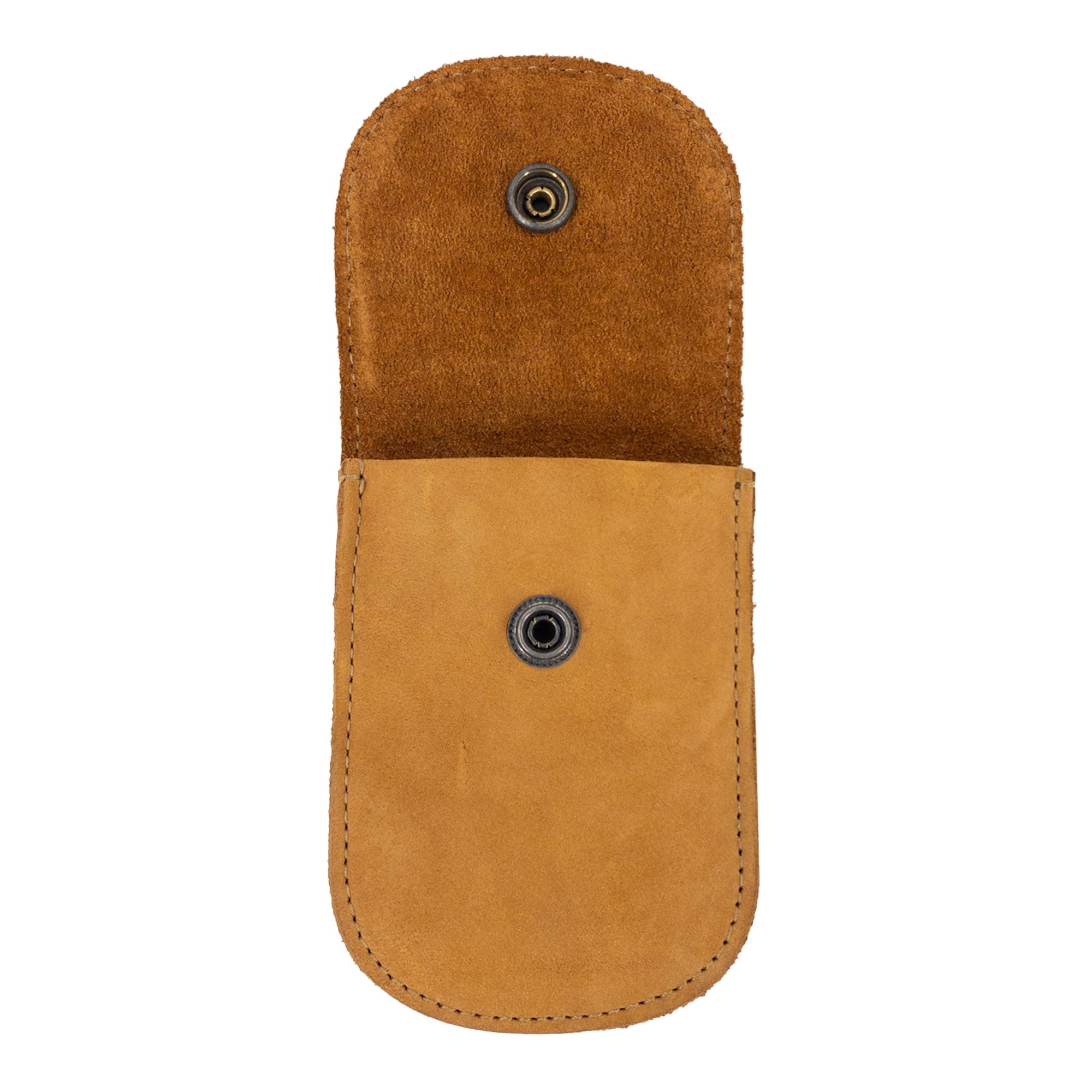 Open view of the Yellow Holster Pouch by Hide & Drink with personal items, showcasing its spacious interior and practical use. This durable pouch is made from full grain leather, perfect for everyday carry.