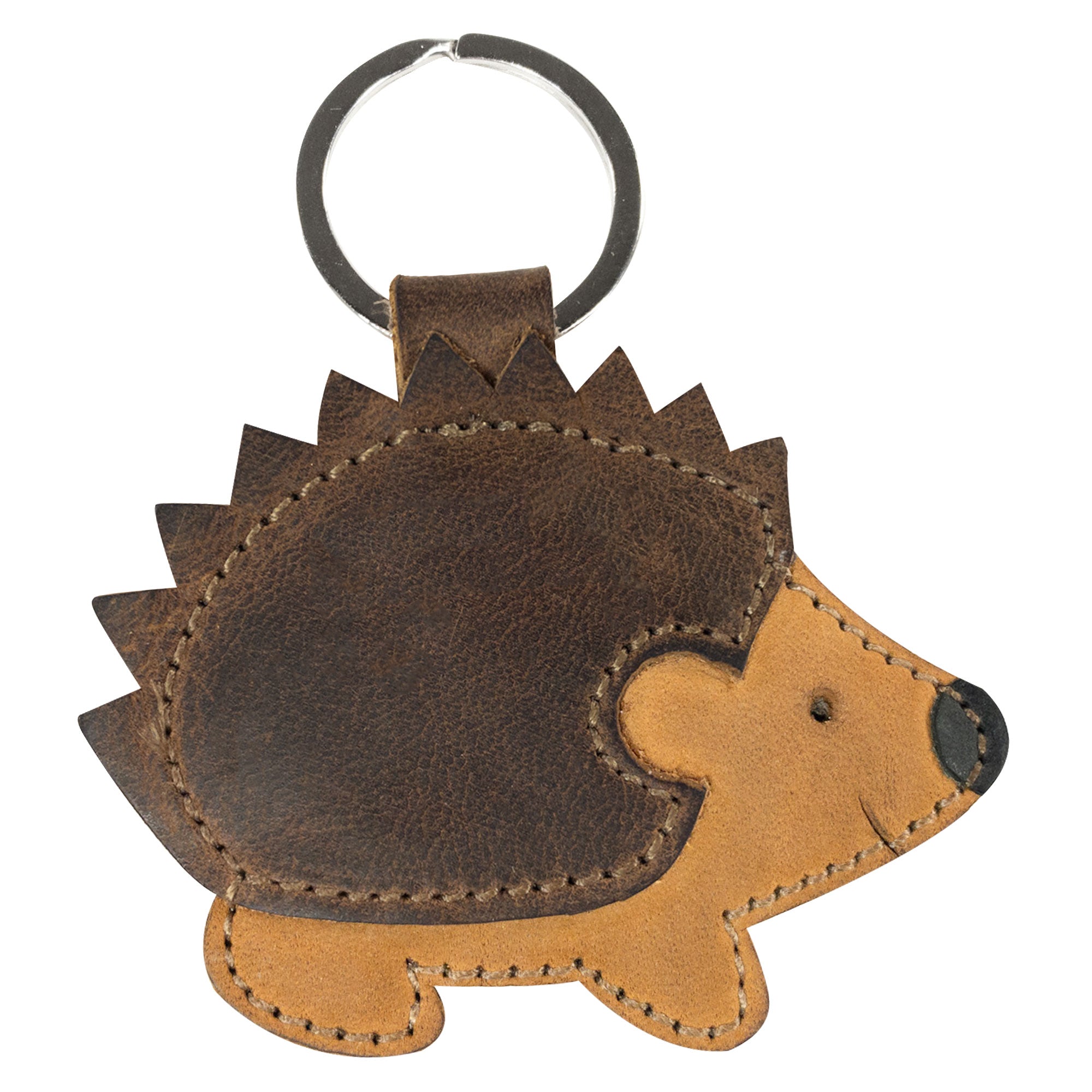 Side view of the Porcupine Keychain, highlighting its charming design and sturdy leather build. Created by Hide & Drink, this key ring holder is a stylish accessory for animal lovers. Made from Full Grain Leather, featuring precise hand-cut and hand-sewn details, it is artisan-crafted in La Antigua Guatemala & Oaxaca Mexico.