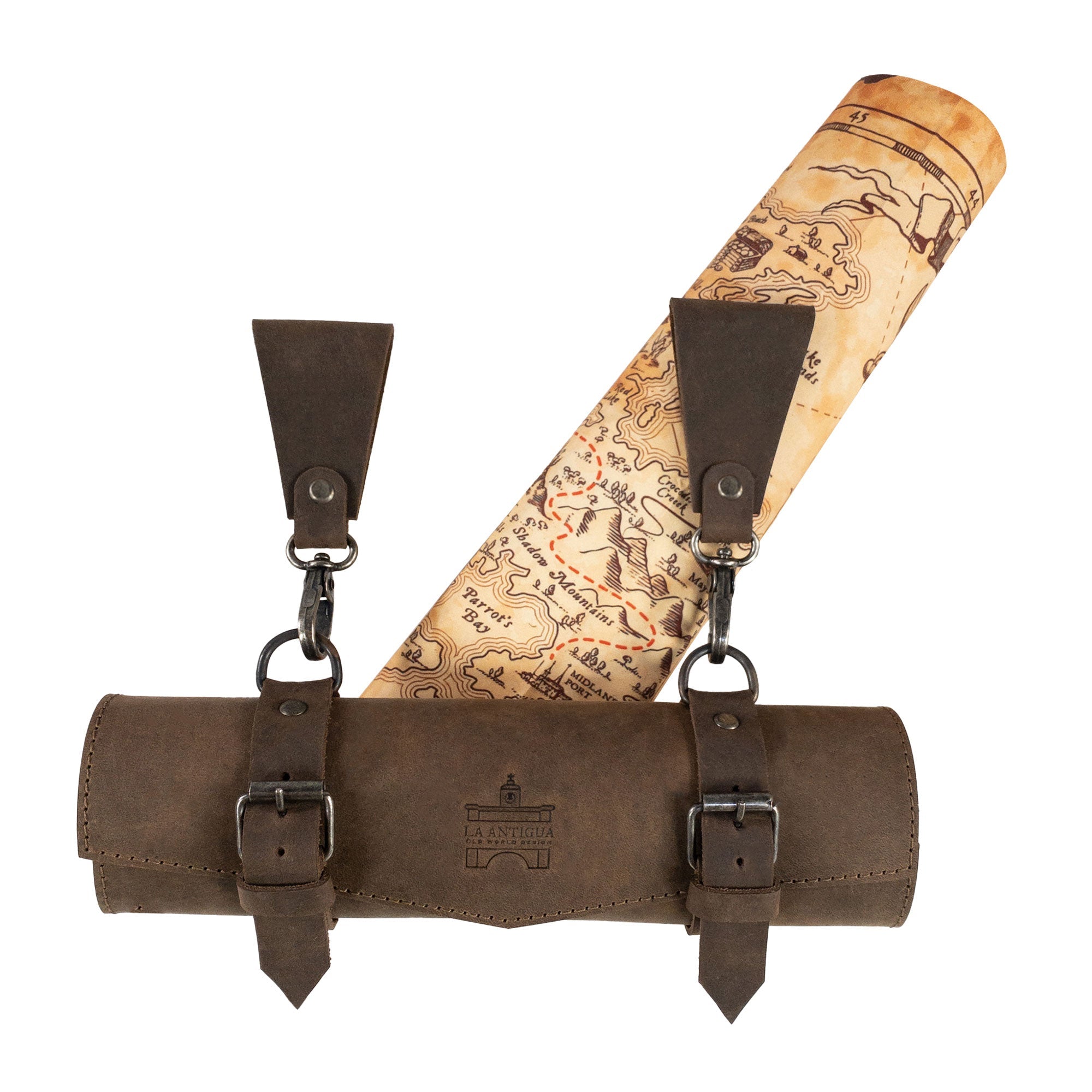 La Antigua’s Map Holder for Belt elegantly displays a rolled map, emphasizing its rustic appeal and practical design. Made with durable full grain leather, this heavy-duty multitool organizer is hand cut and hand sewn, featuring fire branding for authenticity, crafted in La Antigua Guatemala & Oaxaca Mexico.