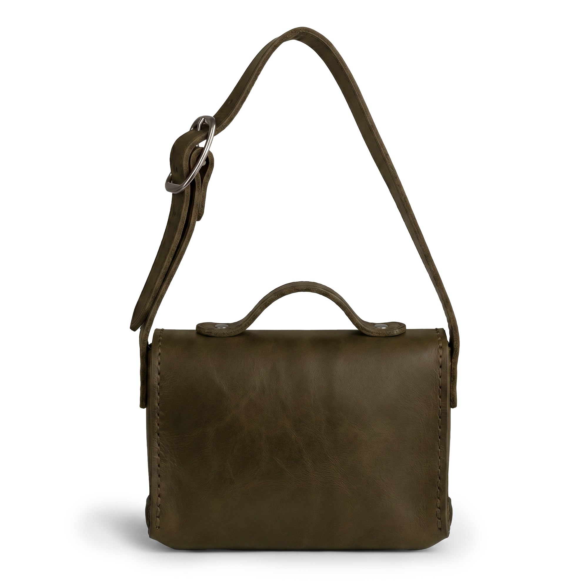 Back of the green Tiny Messenger Bag by Hide & Drink, illustrating its sleek design in Full Grain Leather. This Mini Messenger Bag Charm serves as a keychain and stylish handbag accessory, reflecting excellent artisan craftsmanship from La Antigua Guatemala.