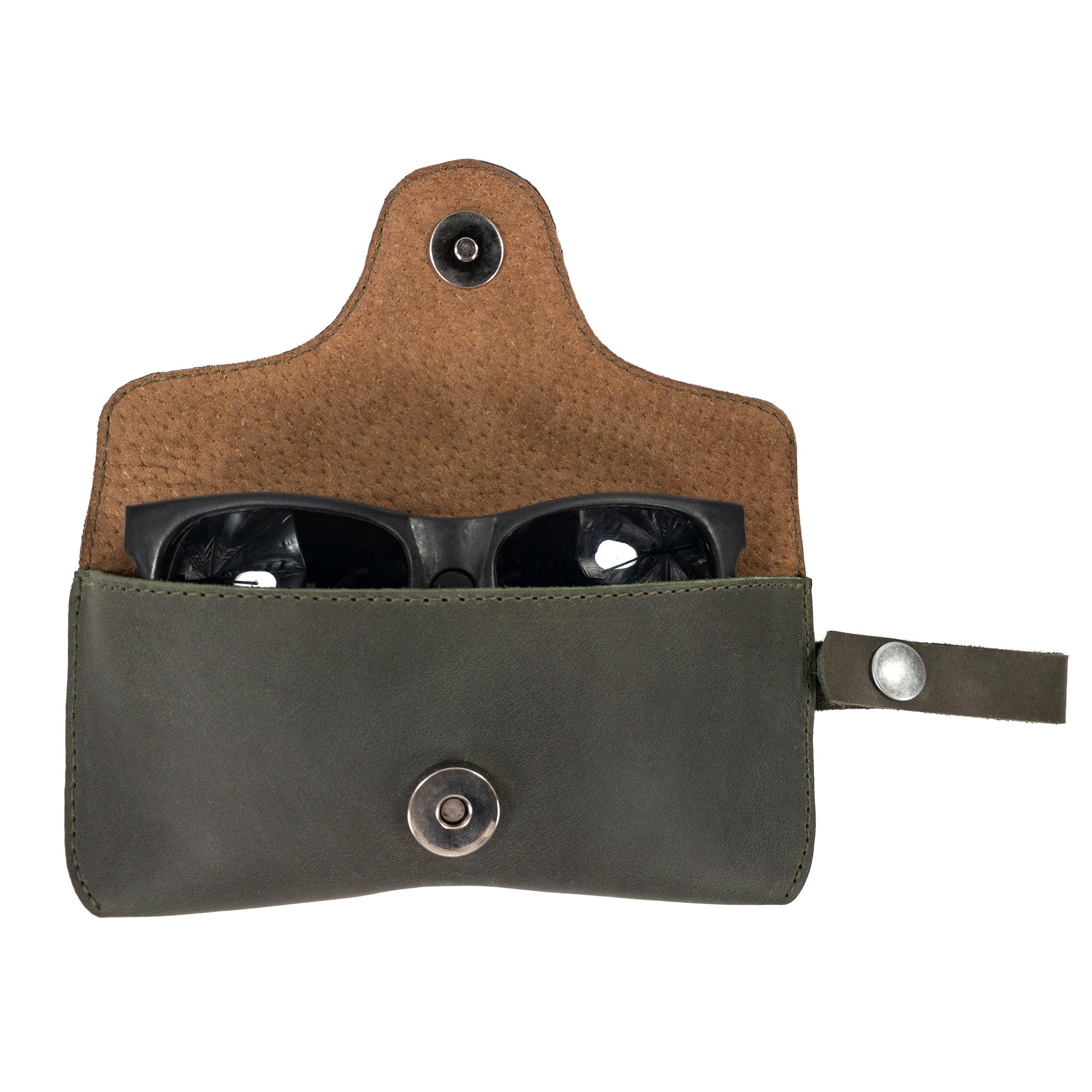 Interior of Eyeglasses Case with Strap by Hide & Drink, highlighting hand-stitched details from full grain leather. This sunglasses case is a quality protector for eyewear, assembled by artisans in La Antigua Guatemala & Oaxaca Mexico.