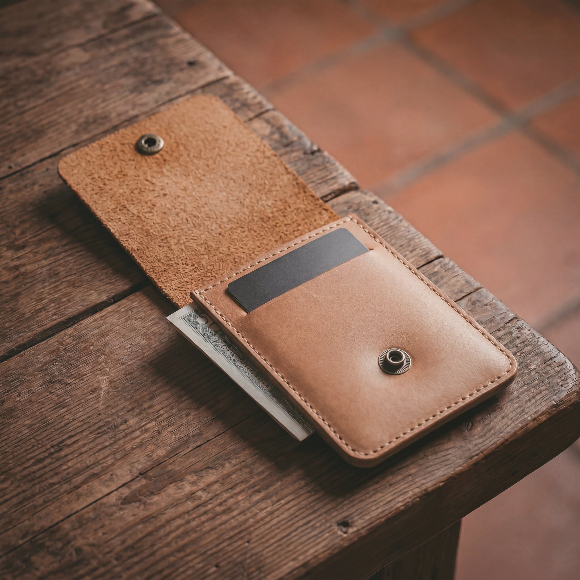 Interior view of the brown Vertical Wallet by Hide & Drink emphasizing storage for bills and cards. This Vertical Front Pocket Wallet with Card Slot merges style and compactness, crafted of strong full grain leather through small batch production, highlighting hand cut and hand sewn finishes with fire branding for uniqueness. Handmade in La Antigua Guatemala & Oaxaca Mexico.