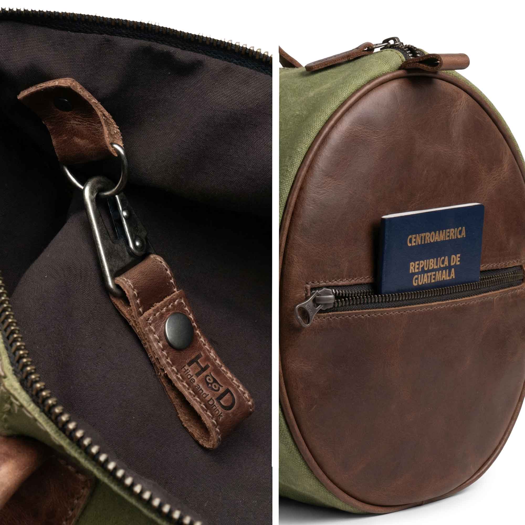 Classic Duffle Bag by Hide & Drink in green fabric, featuring a Full Grain Leather bottom, adjustable strap, and zipper closure. A perfect Messenger Bag for travel needs, this stylish crossbody bag is crafted by artisans in La Antigua Guatemala & Oaxaca Mexico.