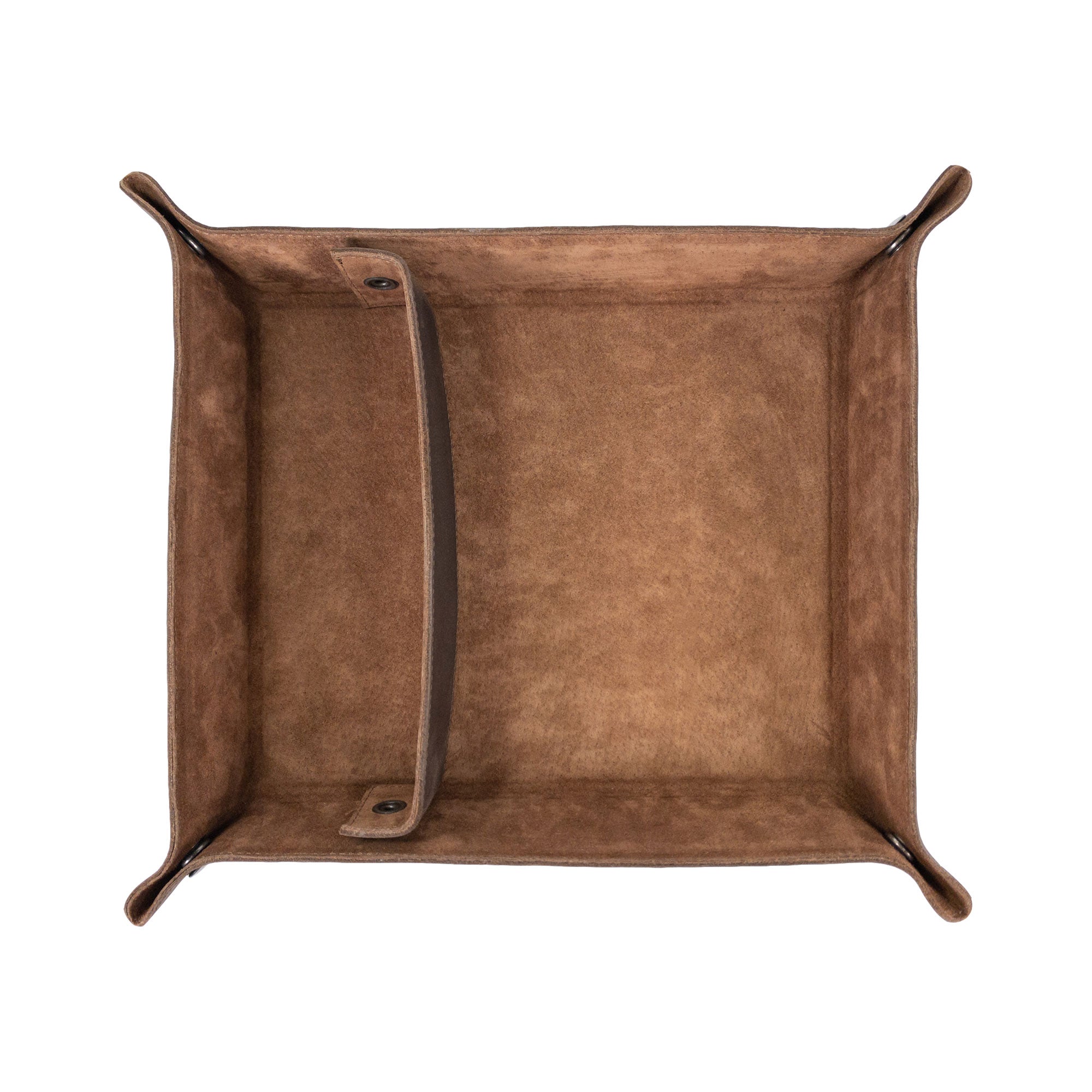 A close-up of the stylish Rectangular Catchall with Removable Compartment by Hide & Drink, displaying its durable design and quality hardware. Made from Full Grain Leather & Sheepskin, this desktop storage unit represents Small Batch Production, Hand Cut, Hand Sewn, and Fire Branded techniques, highlighting artisan craftsmanship from La Antigua Guatemala & Oaxaca Mexico.