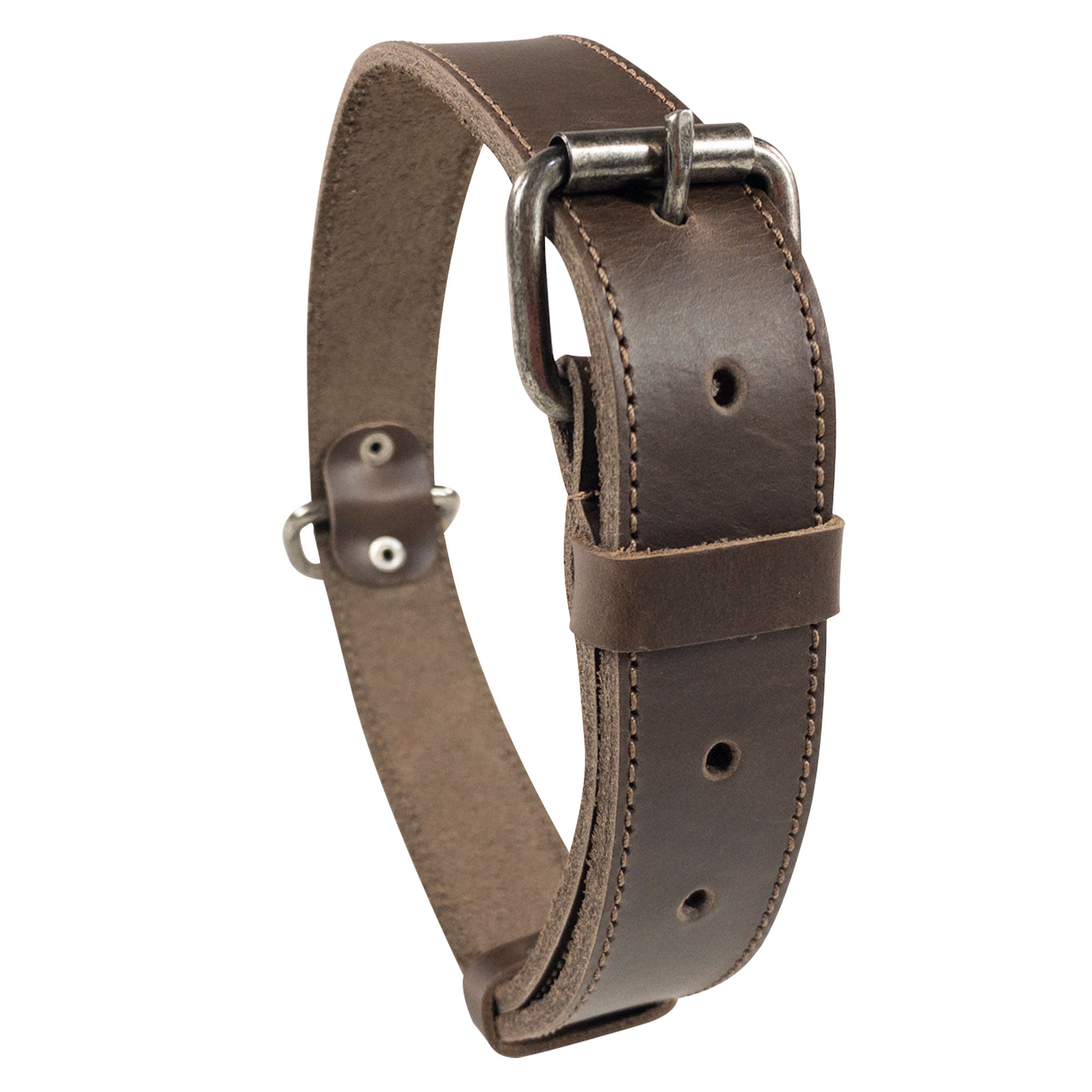 Side view of the Classic Dog Collar by Taco Dog, highlighting its sturdy straps and premium full grain leather. This adjustable collar for puppies serves as an outdoor accessory for pets, offering strength and style. Classic Dog Collar 1.25" Wide, artisan made with small batch production for a unique touch.
