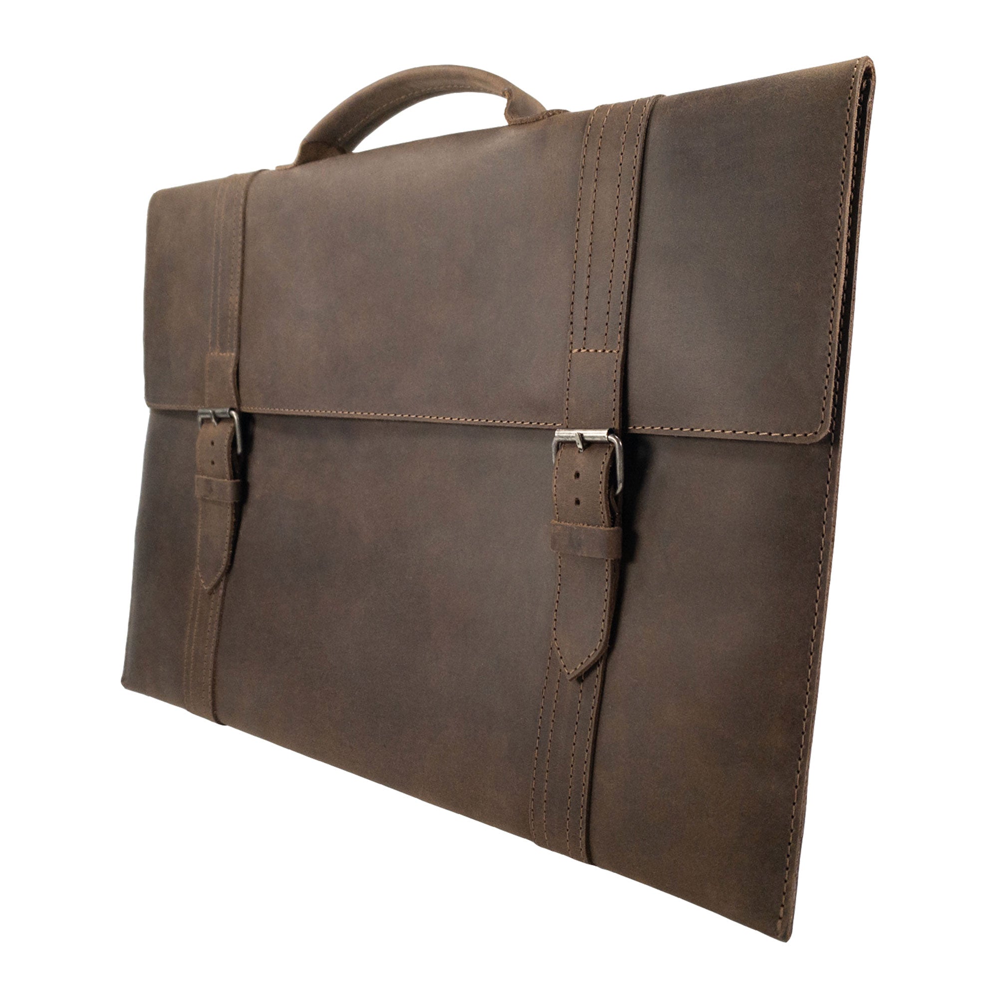 Side angle of the Hide & Drink Portable Laptop Case illustrating its ergonomic design crafted from Full Grain Leather, featuring hand cut and sewn details with a cozy inner lining for protection and durability.