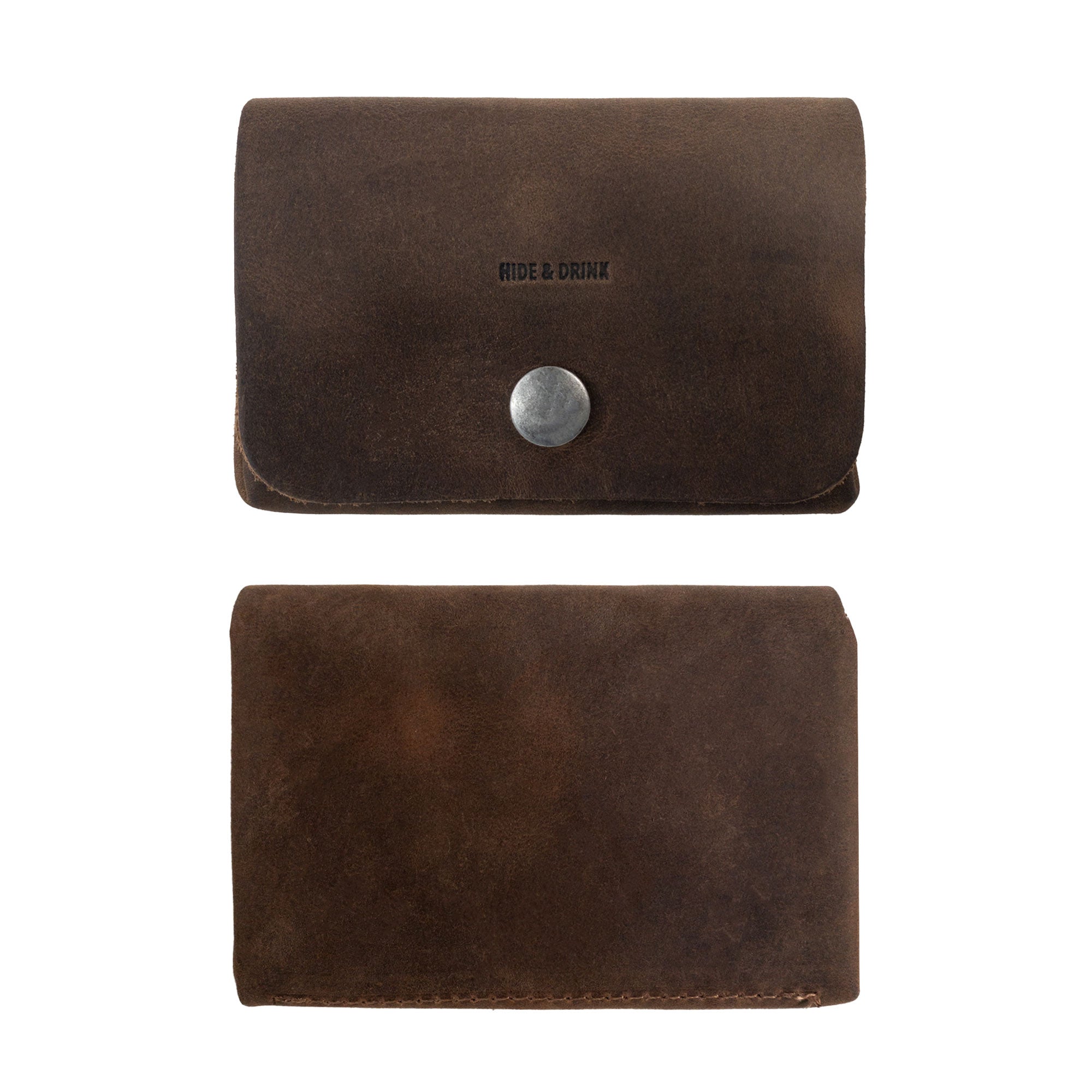 Front and back view of the Double Pouch Card Wallet by Hide & Drink, featuring a sturdy snap closure. This Leather Double Pouch Card Wallet is perfect as a card organizer, cash holder, or ID case, suitable for men and women. Full Grain Leather, handmade in La Antigua Guatemala & Oaxaca Mexico.