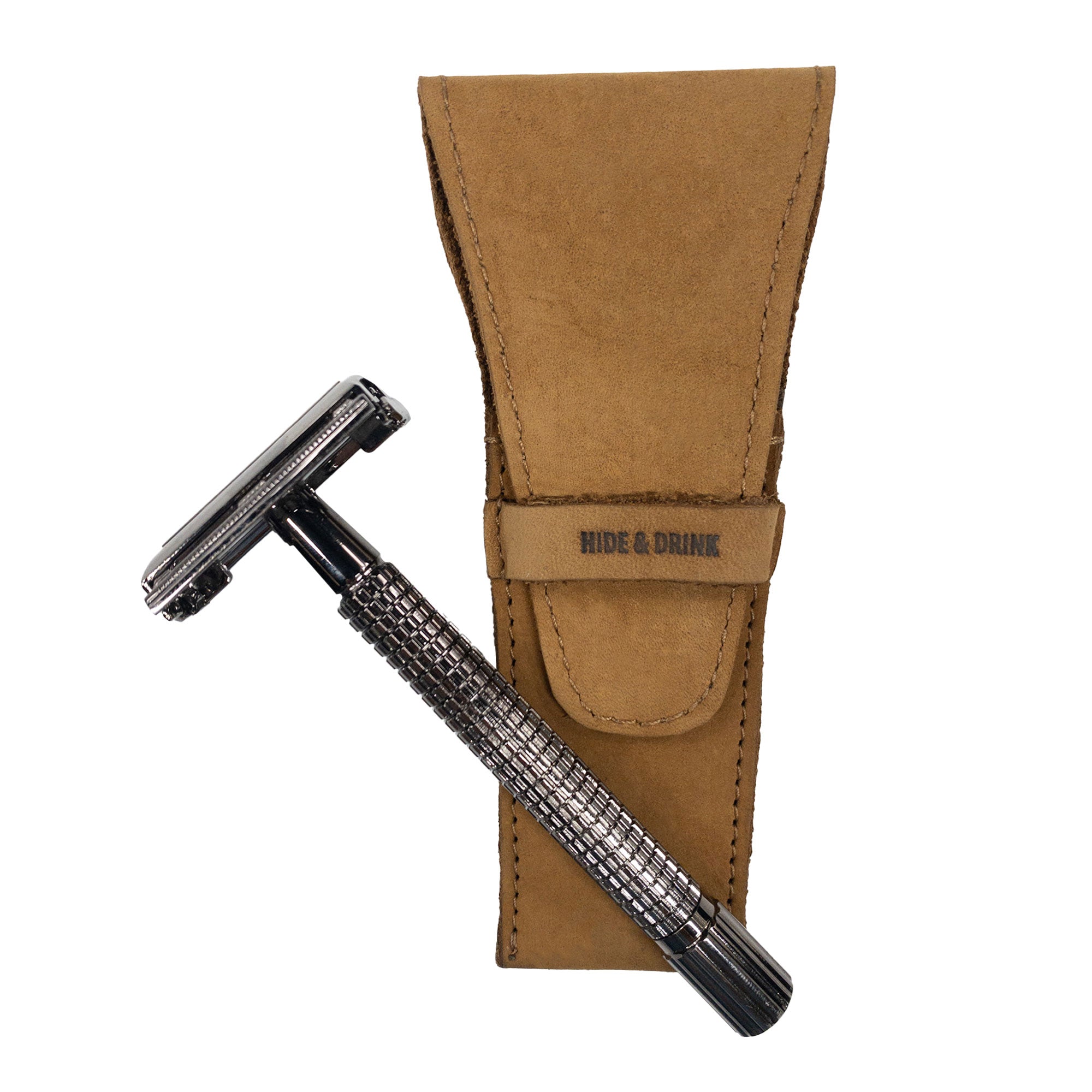 Safety Razor Case by Hide & Drink shown compactly for easy travel. Made from Full Grain Leather, this artisan product is essential for anyone looking to maintain grooming standards while on the move.