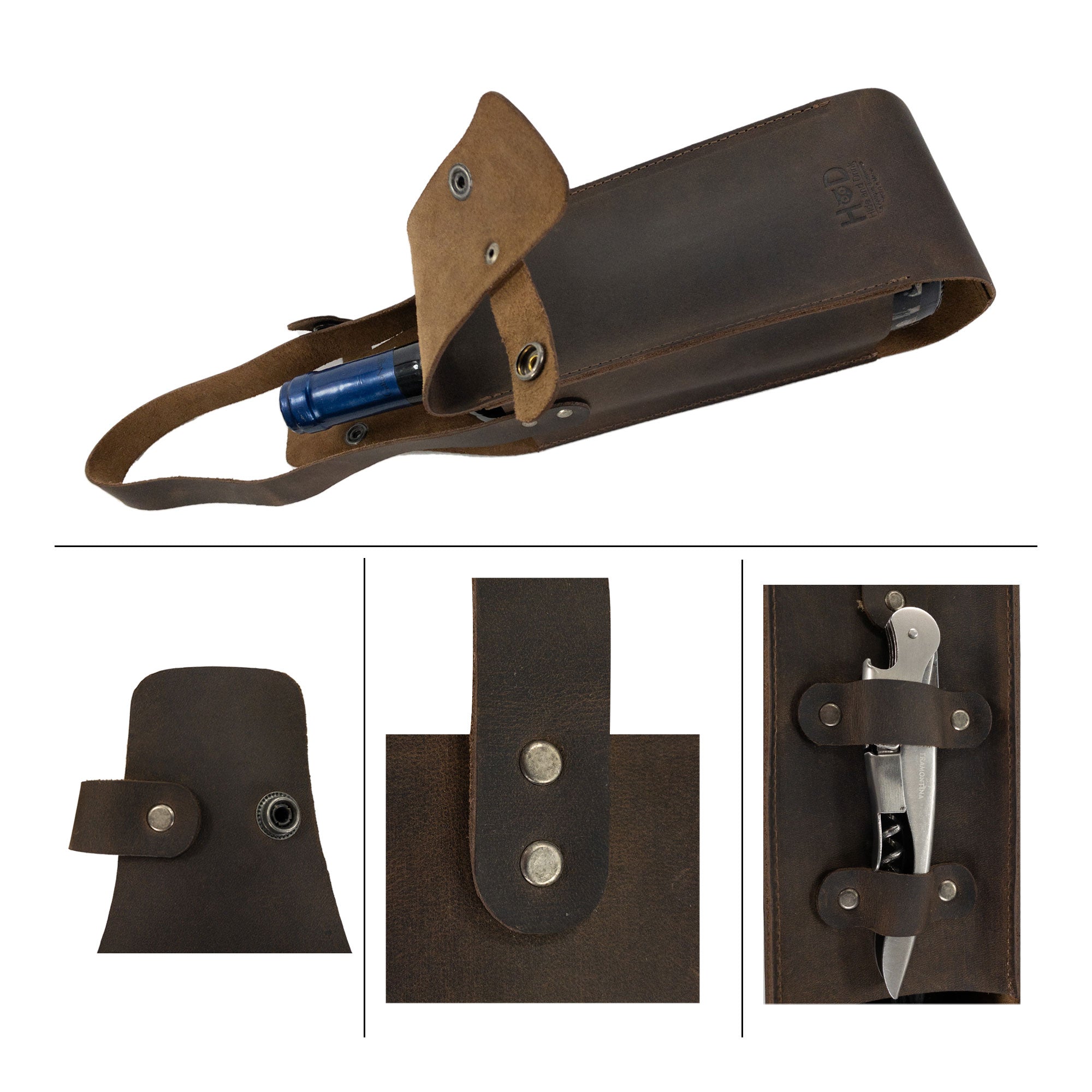 Detailed layout of Hide & Drink's Single Bottle Wine Carrier, featuring its unique riveted design and included knife. This Full Grain Leather Single Bottle Wine Carrier showcases small batch artisan craftsmanship, highlighting the hand cut and hand sewn attributes from La Antigua Guatemala & Oaxaca Mexico.