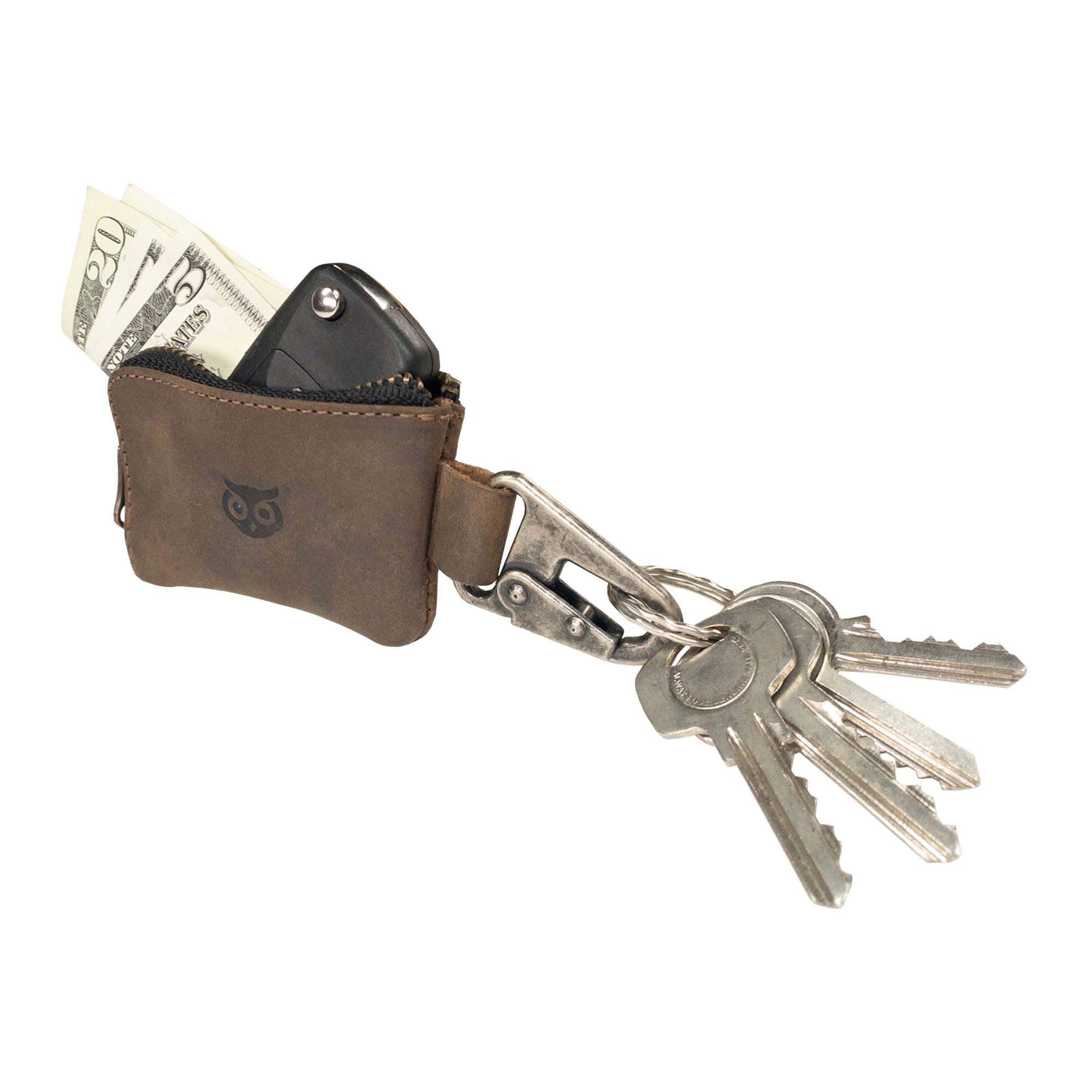 Hide & Drink Car Key Holder opened to reveal space for keys and cash, crafted from durable full grain leather with a zipper closure and nickel metal clasp, made in La Antigua Guatemala & Oaxaca Mexico.