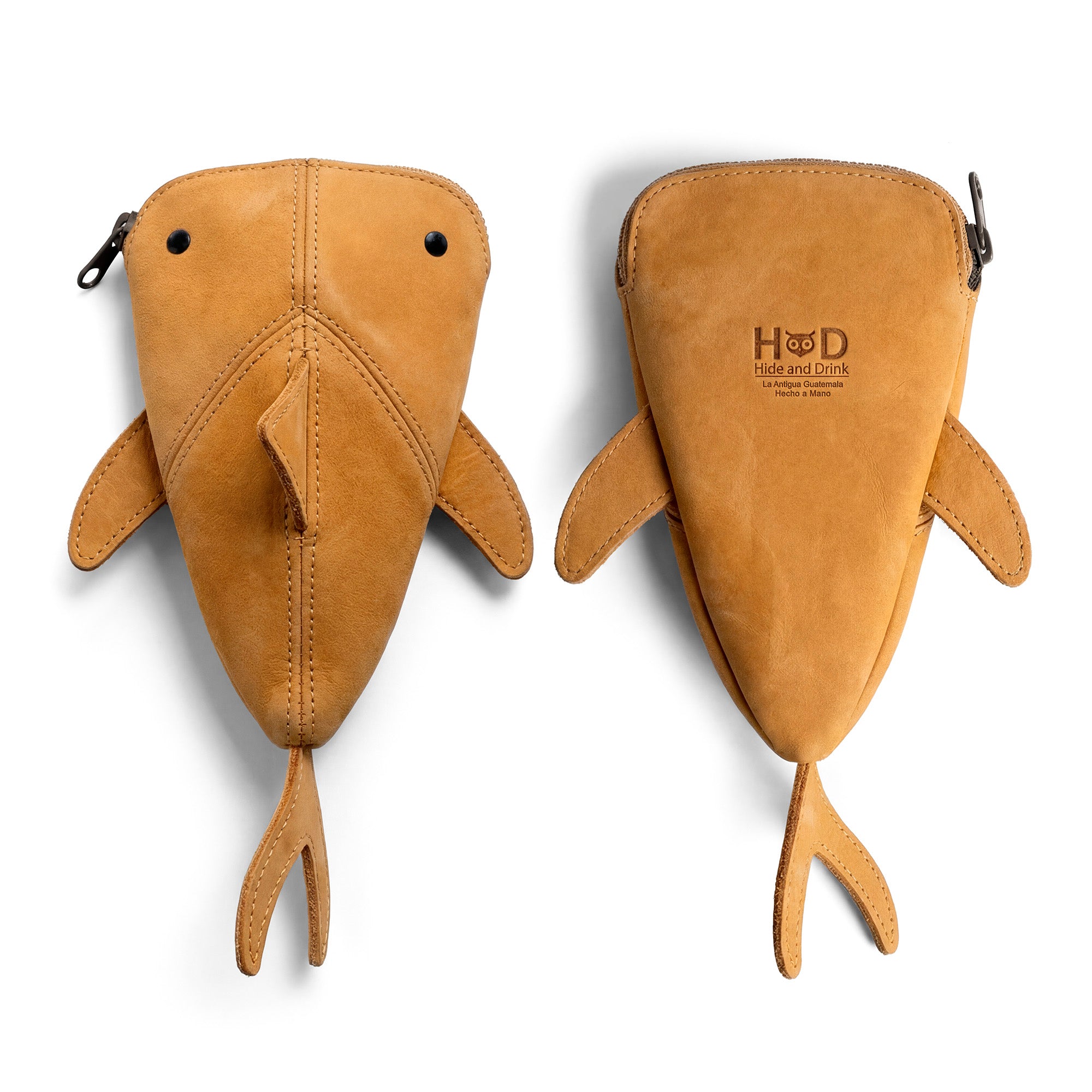 Front and back view of the Hide & Drink Leather Shark Pouch, emphasizing its artisan details. This makeup pouch and wallet combines function with style, made from hand cut, hand sewn full grain leather in La Antigua Guatemala and Oaxaca Mexico.