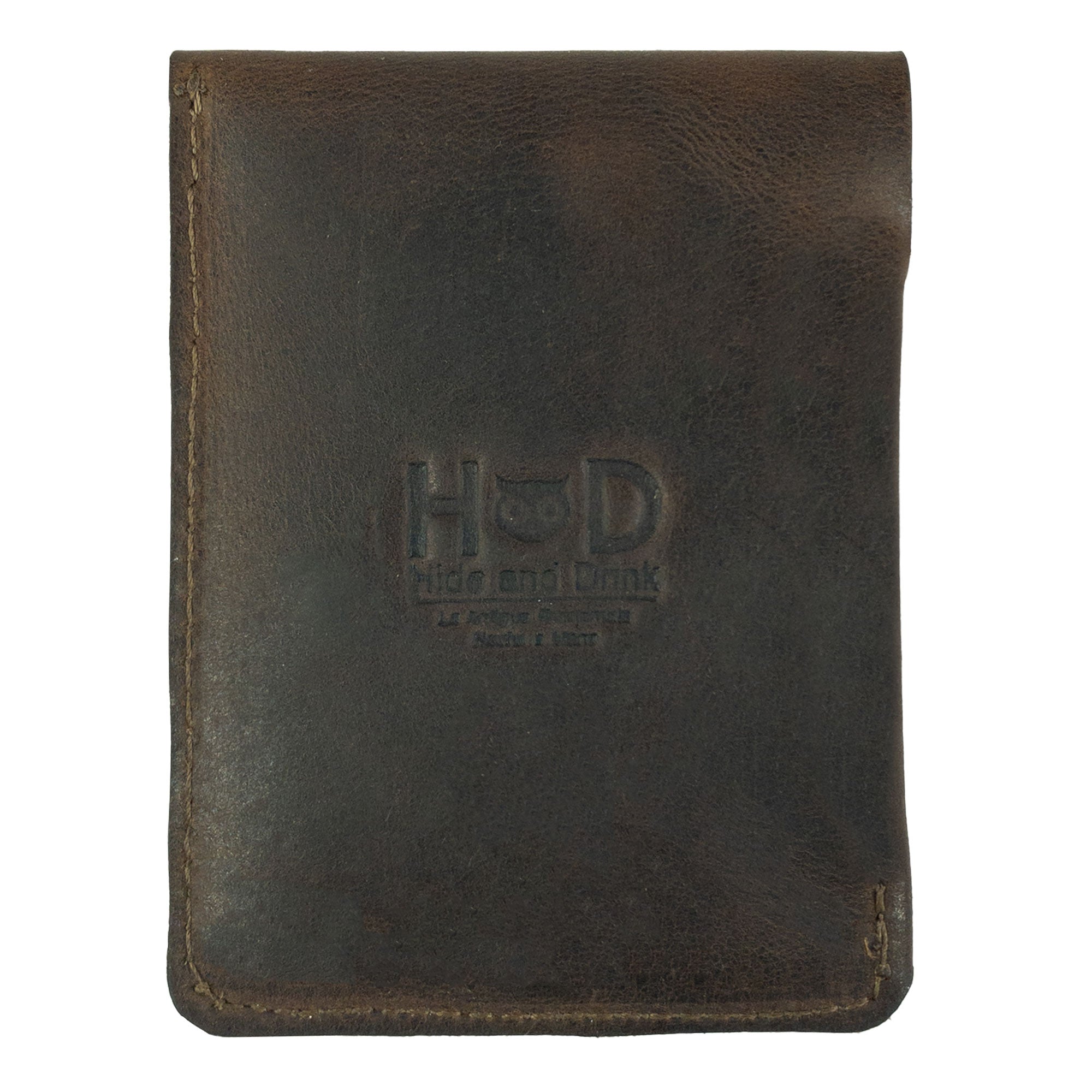 Hide & Drink Slim Card Holder featuring the brand logo, an artisan crafted vertical card holder made of full grain leather. Perfect for holding up to 4 cards plus folded bills, this small batch production piece is hand cut, hand sewn, and fire branded for durability and style.