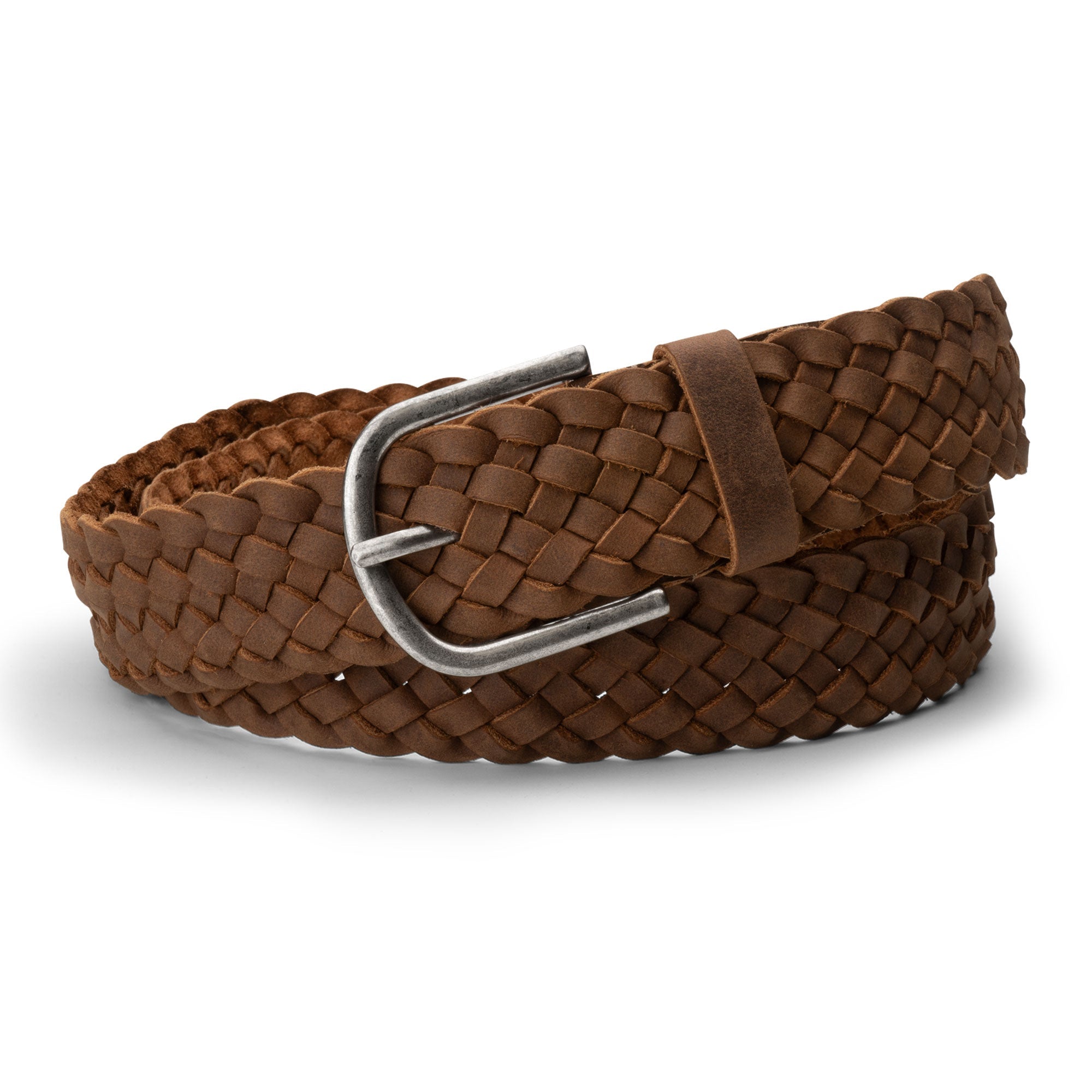 The Single-Piece Braided Belt by Hide & Drink displayed neatly, highlighting its intricate woven pattern and robust buckle, all made from premium full grain leather. A must-have casual accessory for men, this belt represents small batch production and expert craftsmanship, being hand cut and hand sewn in La Antigua Guatemala & Oaxaca Mexico.