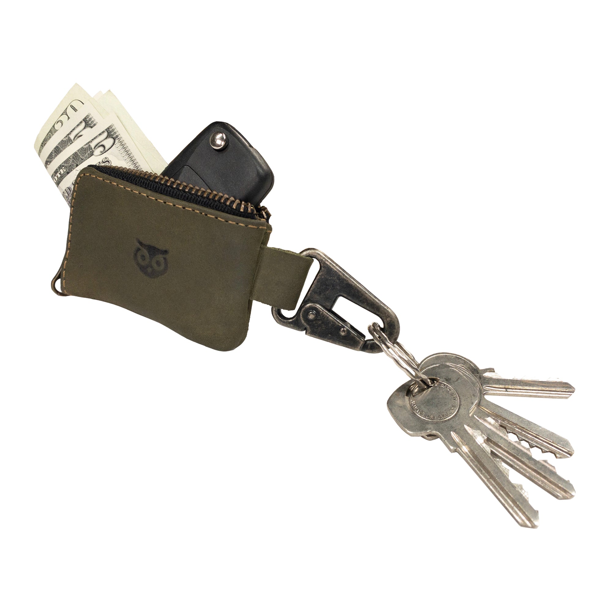 Hide & Drink Car Key Holder in use, with cash and keys visible, demonstrating its practicality as an accessory for headphones and memory cards, secured with a Nickel Metal Clasp. StockyardX, Small Batch Production, Hand Cut, Hand Sewn, Fire Branded, Artisan, Handmade in La Antigua Guatemala & Oaxaca Mexico.