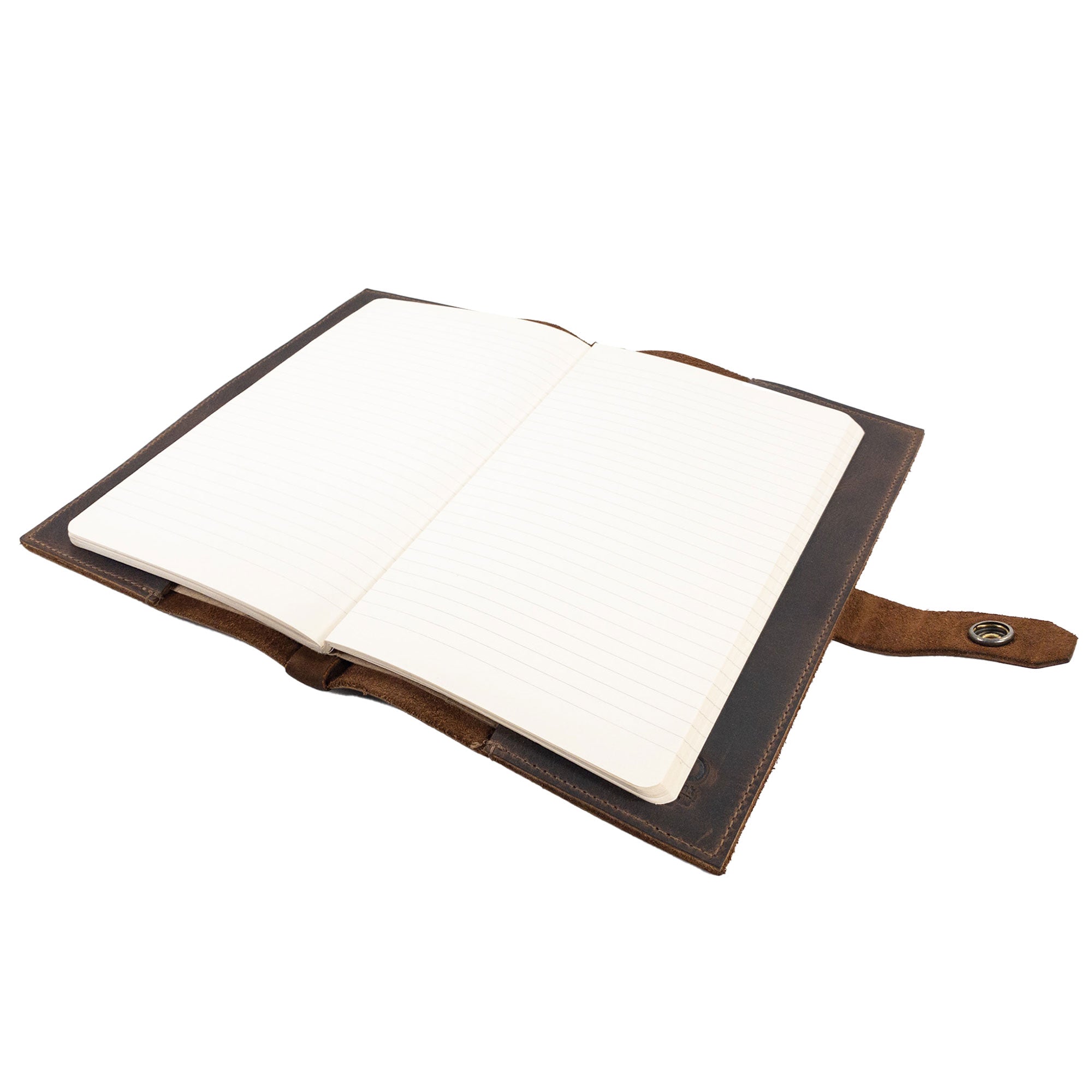 Open view of Hide & Drink's Riveted Field Note Cover for Moleskine (5 x 8.25 in.) Notebook NOT Included, featuring spacious lined pages. This well-designed leather cover ensures protection and elegance for your notes, made artisan style in La Antigua Guatemala & Oaxaca, Mexico.