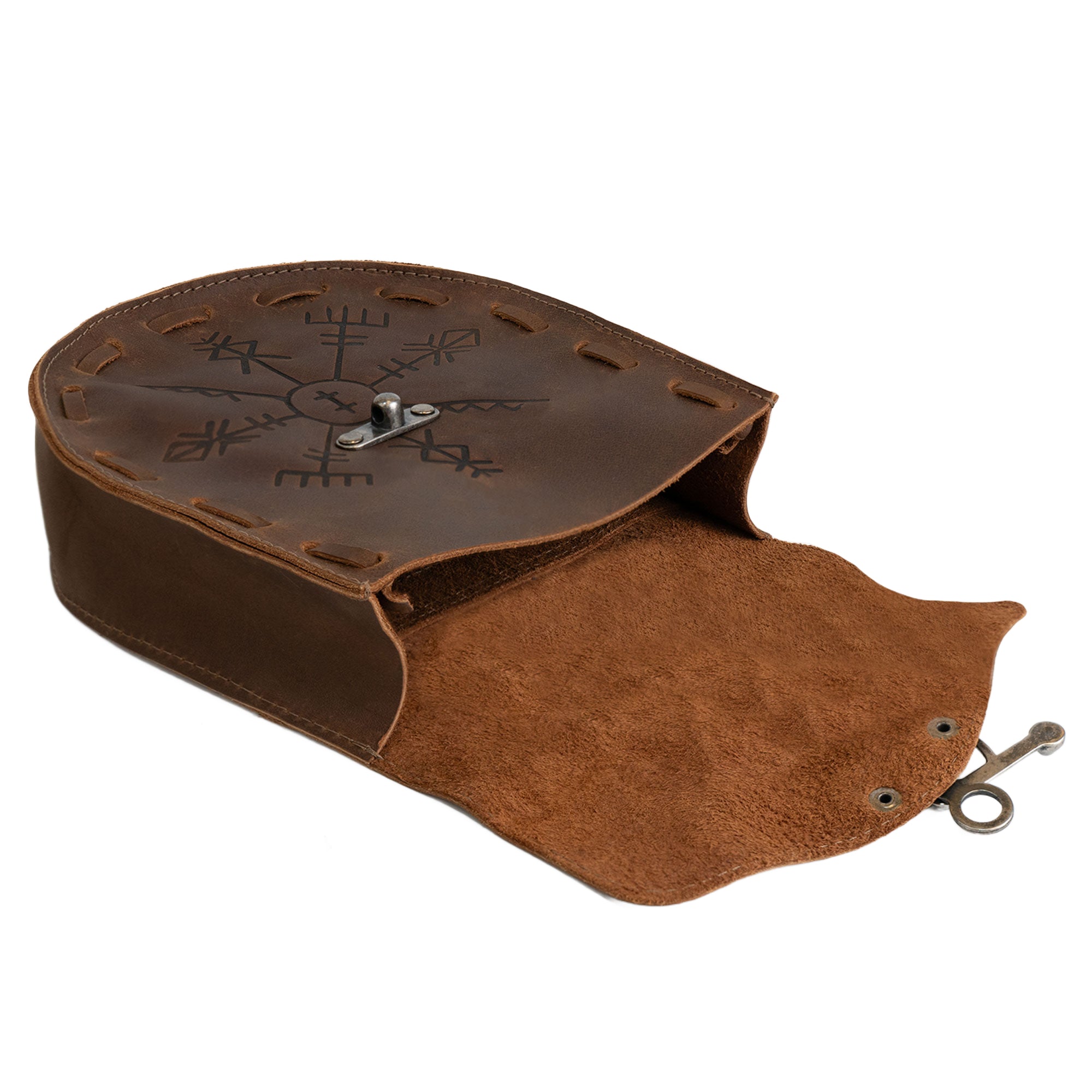 Open view of the Rune Belt Pouch by Hide & Play, highlighting its spacious interior. This unique medieval waist bag is crafted from durable full grain leather and features an authentic design, perfect as a Viking waist bag for various themed occasions, handmade in La Antigua Guatemala through meticulous artisan craftsmanship.
