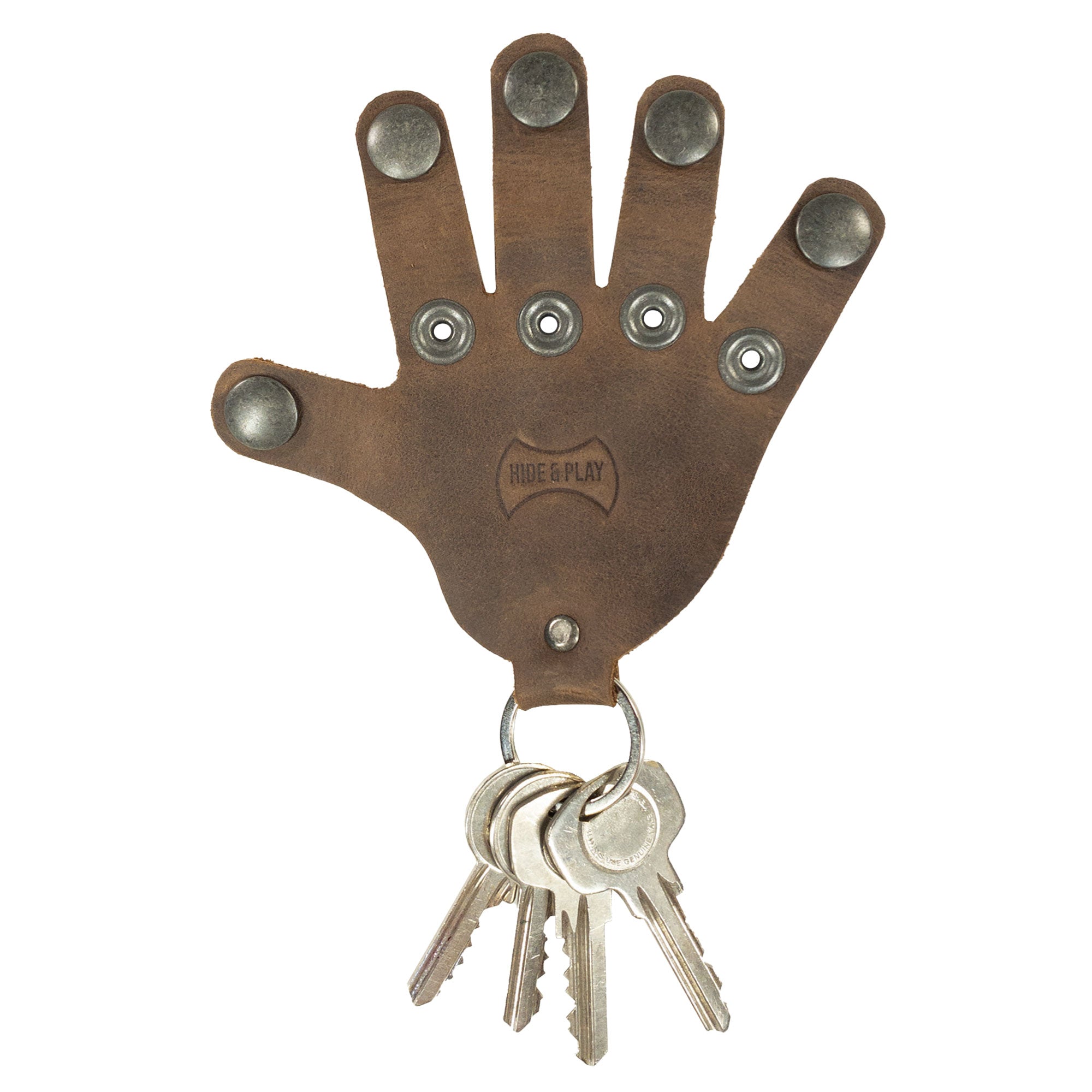 An eye-catching Hand Keychain by Hide & Play featuring a distinctive design in full grain leather. This stylish Full Grain Leather Hand Shape Keychain doubles as a keyring or key holder. Perfect for those who value artisan craftsmanship, each piece is handmade in La Antigua Guatemala & Oaxaca Mexico with a focus on small batch production.