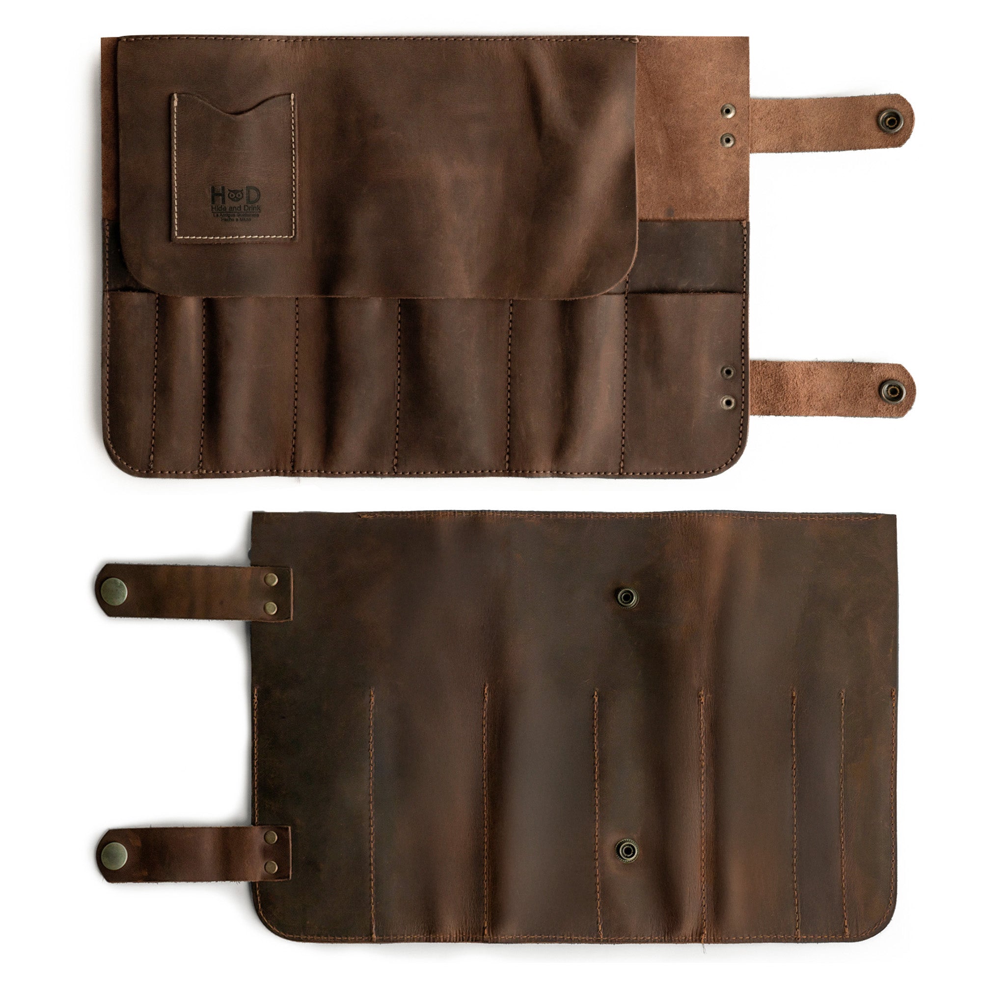 Open layout of Hide & Drink's Barber Tool Roll, featuring a Snap Tool Roll Up Bag with 14 Slots designed for efficient storage of scissors & screwdrivers. Crafted from durable Full Grain Leather, this portable carry case reflects StockyardX's commitment to small batch production, artisan craftsmanship, hand cut, hand sewn, and fire branded in La Antigua Guatemala & Oaxaca Mexico.